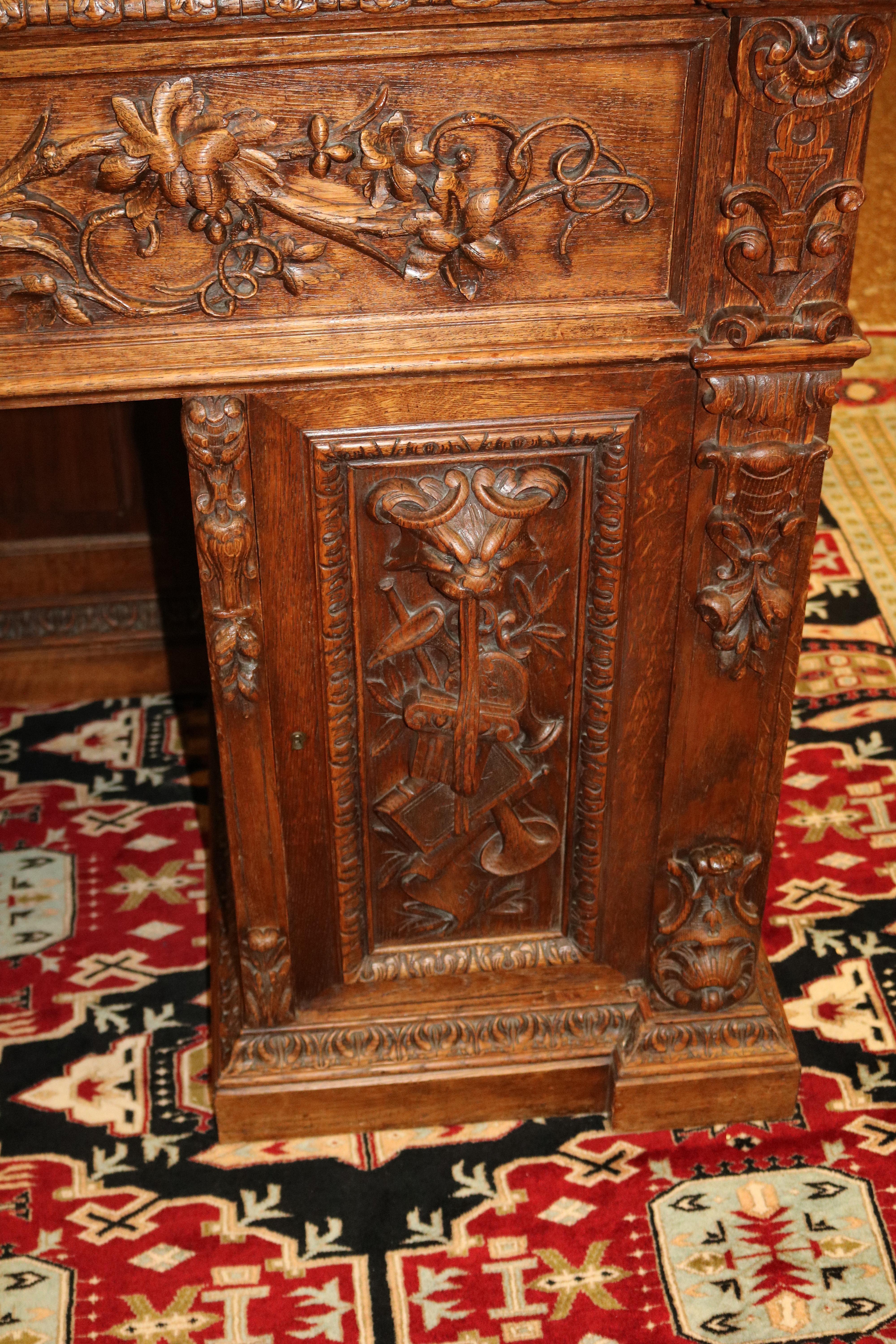 19th Century Oak Renaissance Revival Figural Secretary Desk Cabinet 4