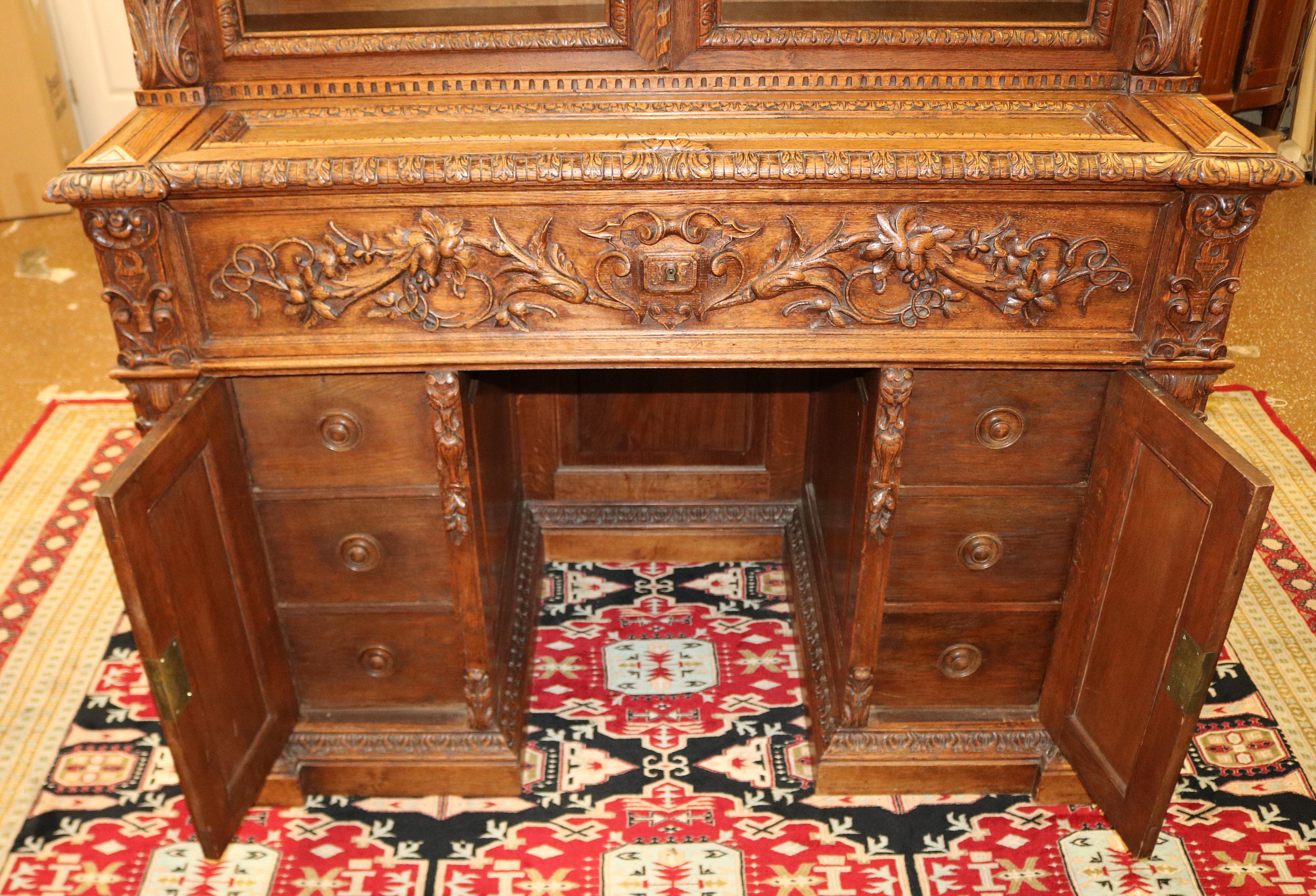 19th Century Oak Renaissance Revival Figural Secretary Desk Cabinet 8