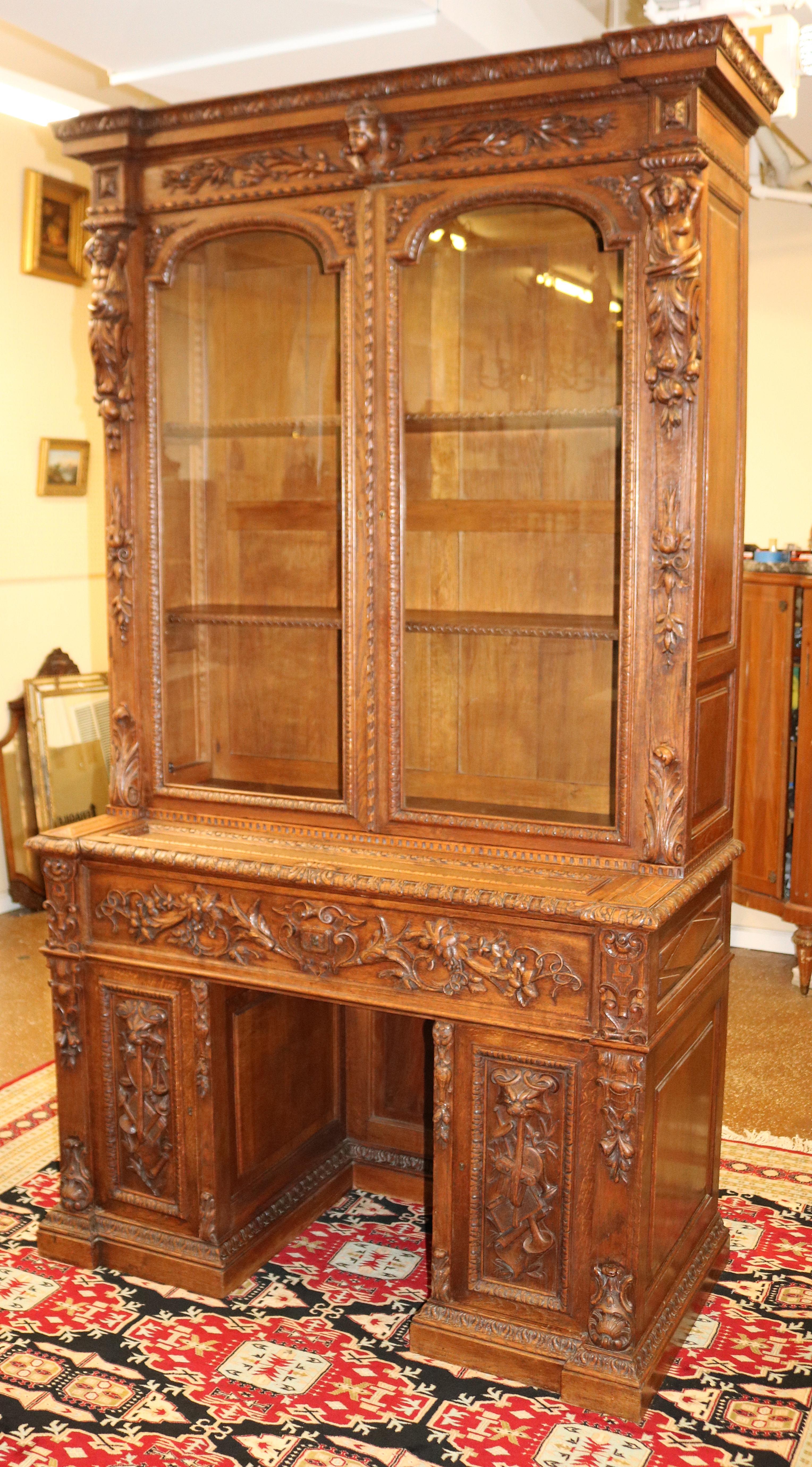 French 19th Century Oak Renaissance Revival Figural Secretary Desk Cabinet