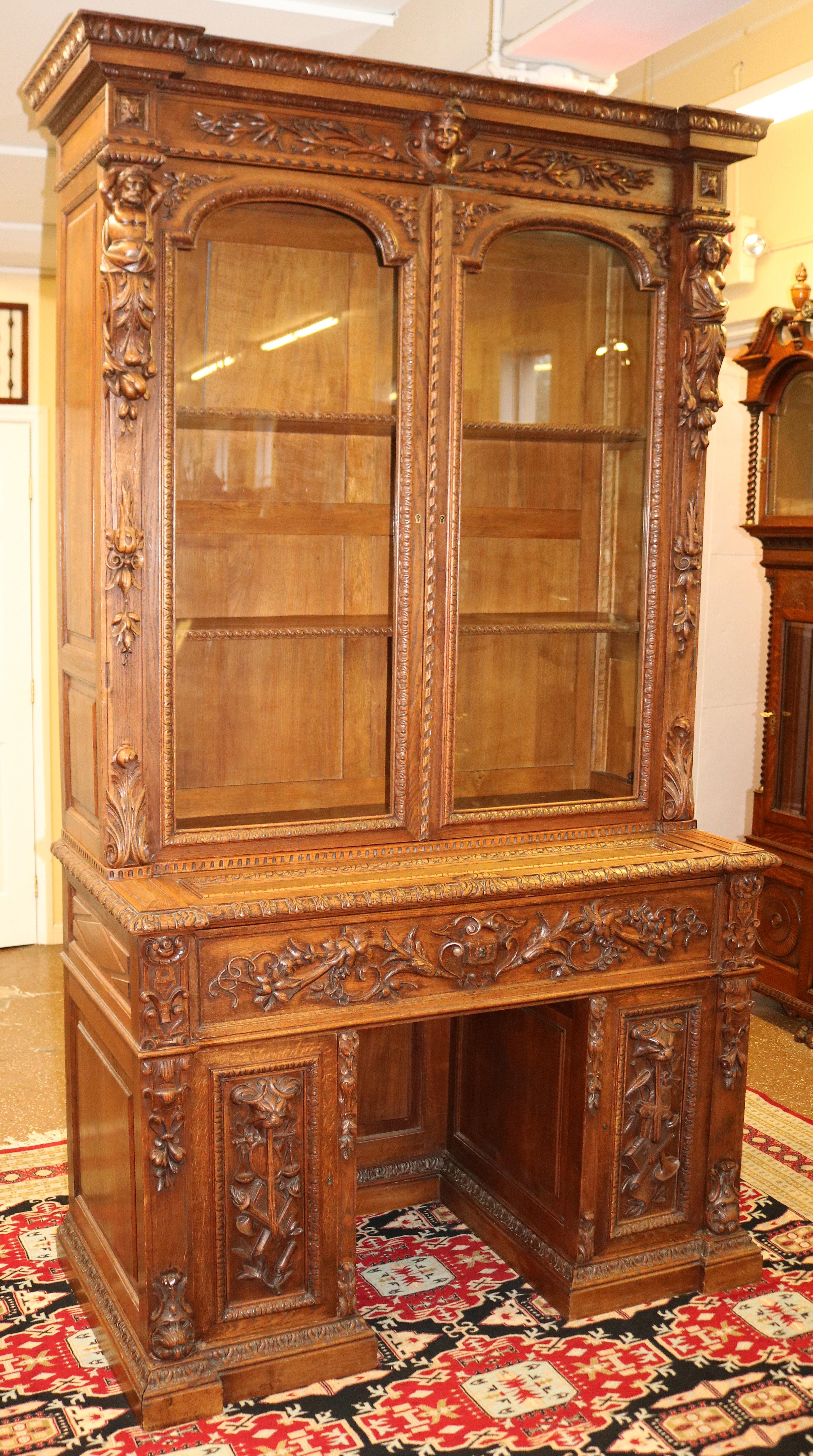 Hand-Carved 19th Century Oak Renaissance Revival Figural Secretary Desk Cabinet