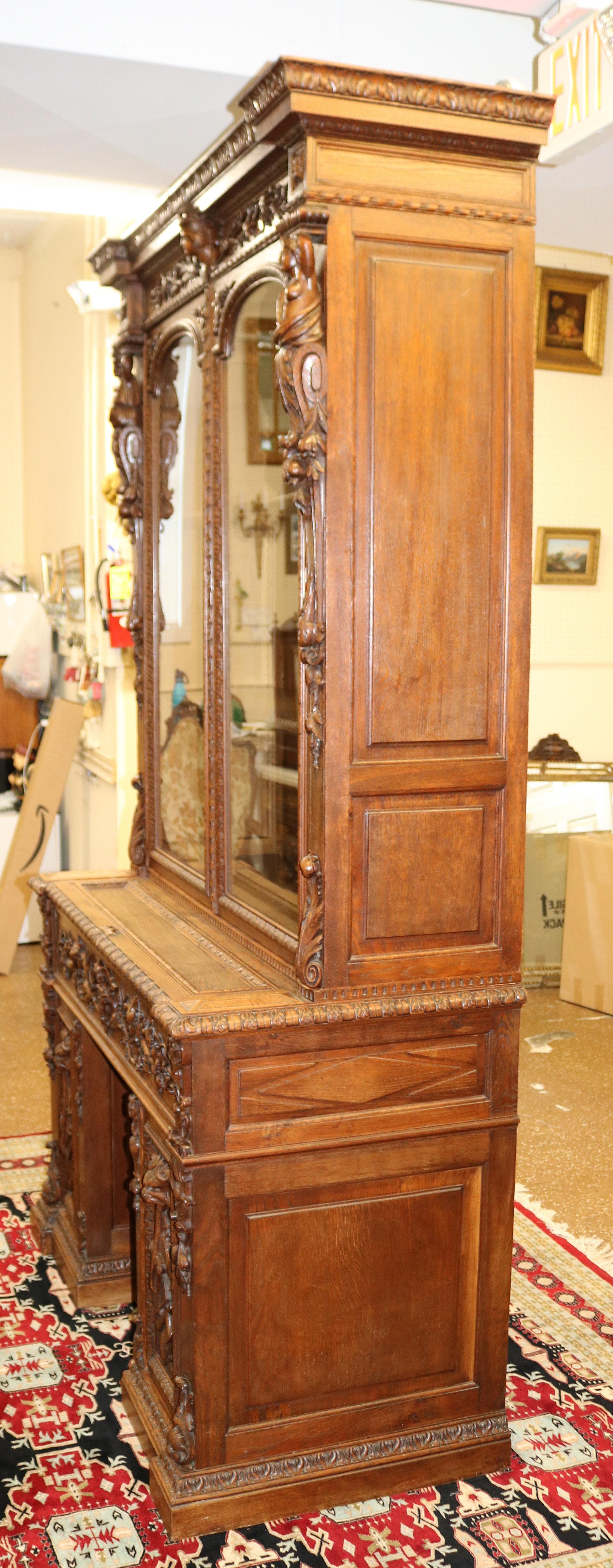 Walnut 19th Century Oak Renaissance Revival Figural Secretary Desk Cabinet