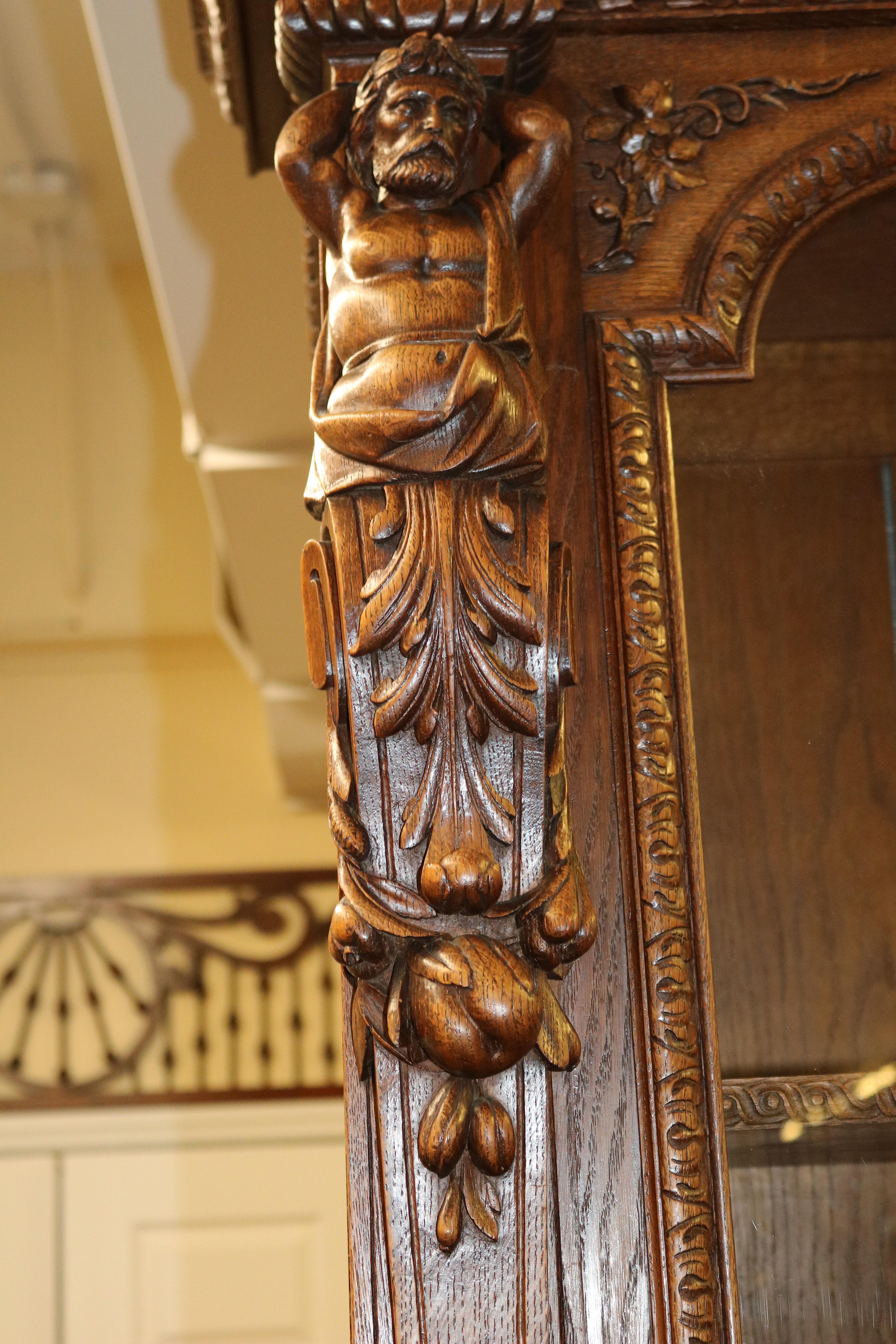 19th Century Oak Renaissance Revival Figural Secretary Desk Cabinet 1
