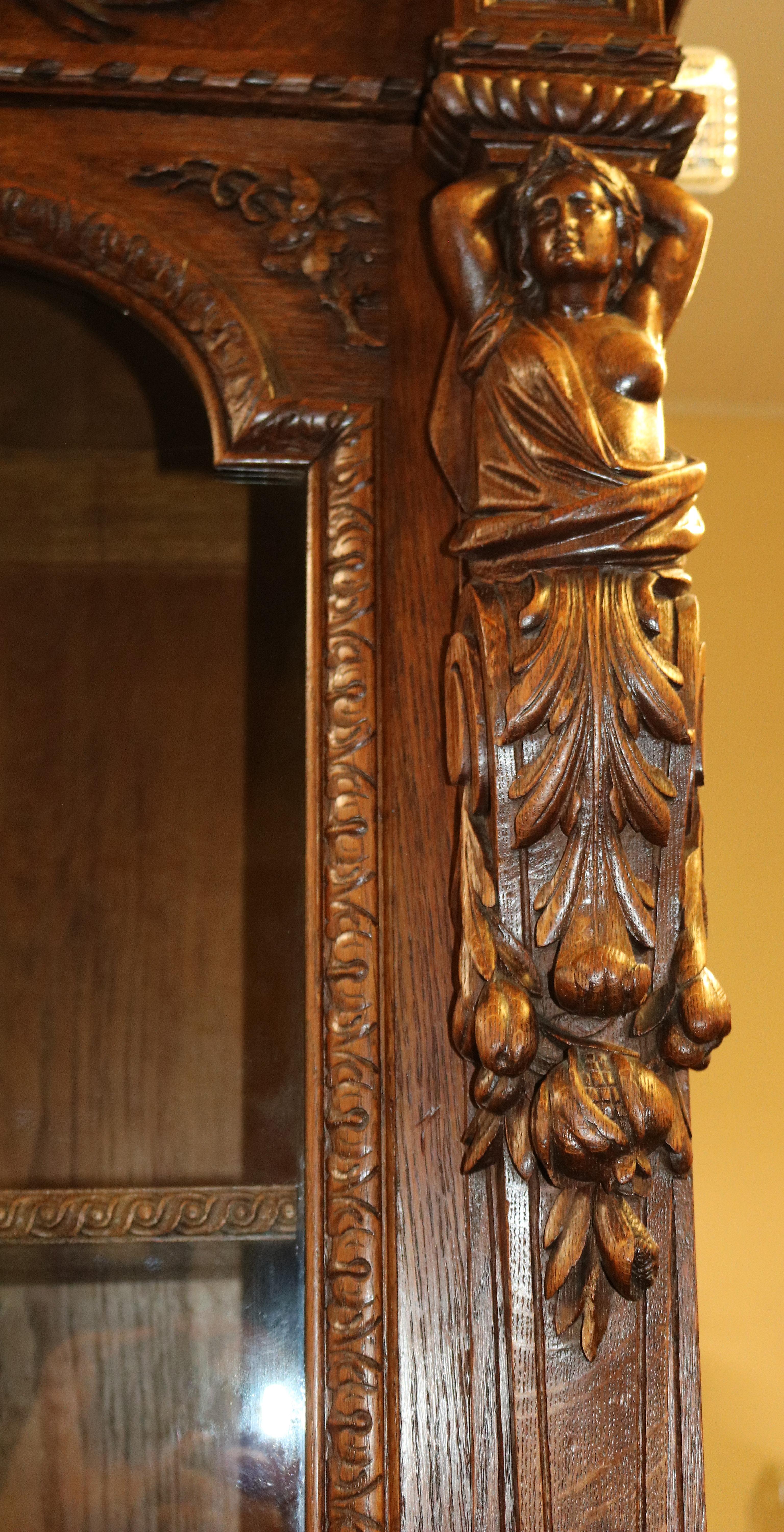 19th Century Oak Renaissance Revival Figural Secretary Desk Cabinet 2