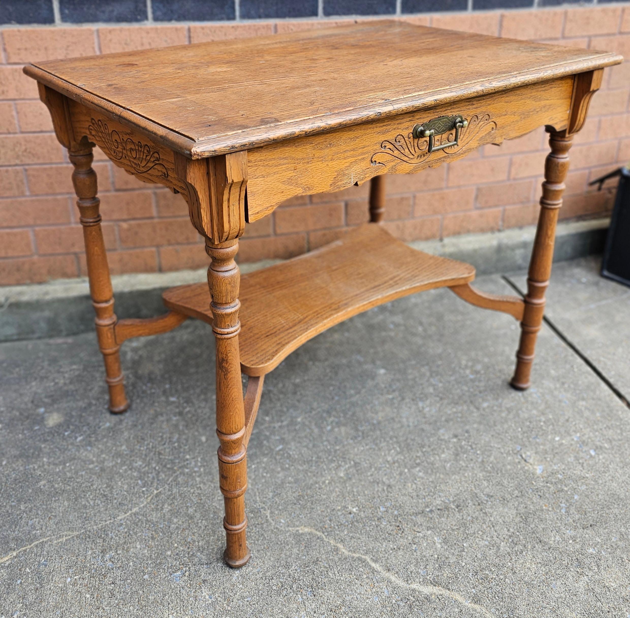 Hand-Crafted 19th Century Oak Single Drawer Legs Work Table For Sale