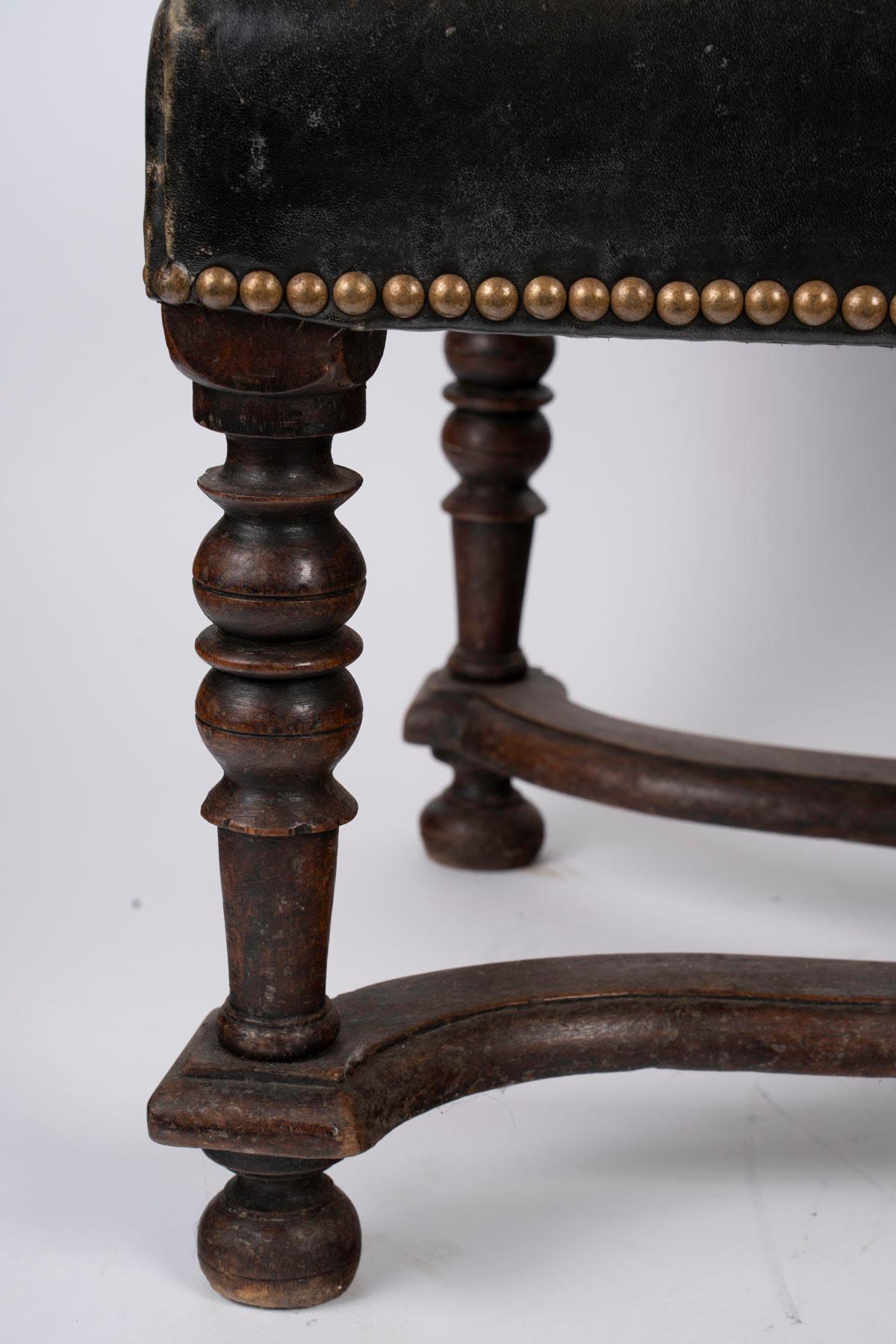 Francese Sgabello in Oak del XIX secolo, rivestimento in pelle, periodo Napoleone III. in vendita