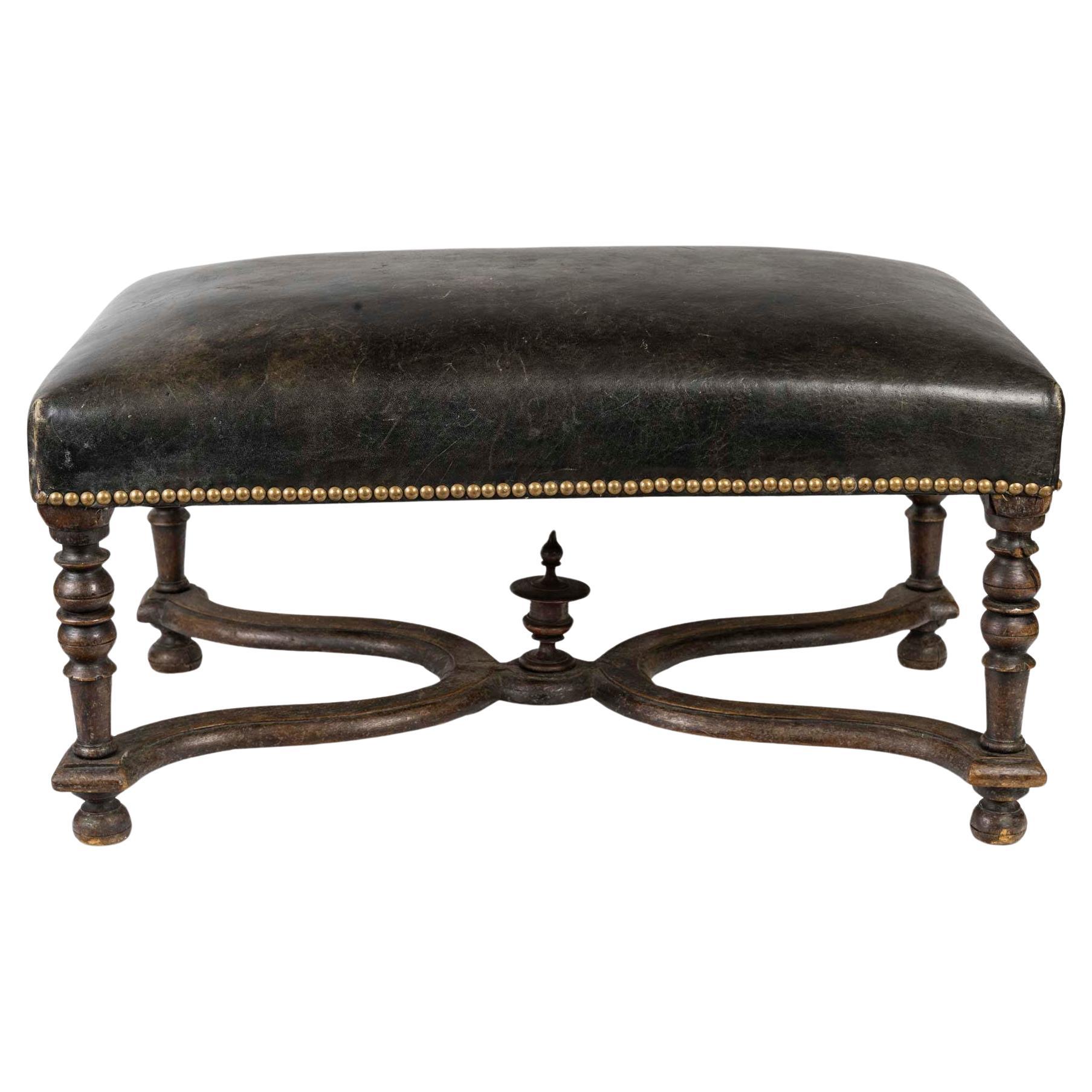 Sgabello in Oak del XIX secolo, rivestimento in pelle, periodo Napoleone III.