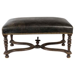 Antique 19th Century Oak Stool, Leather Upholstery, Napoleon III Period.
