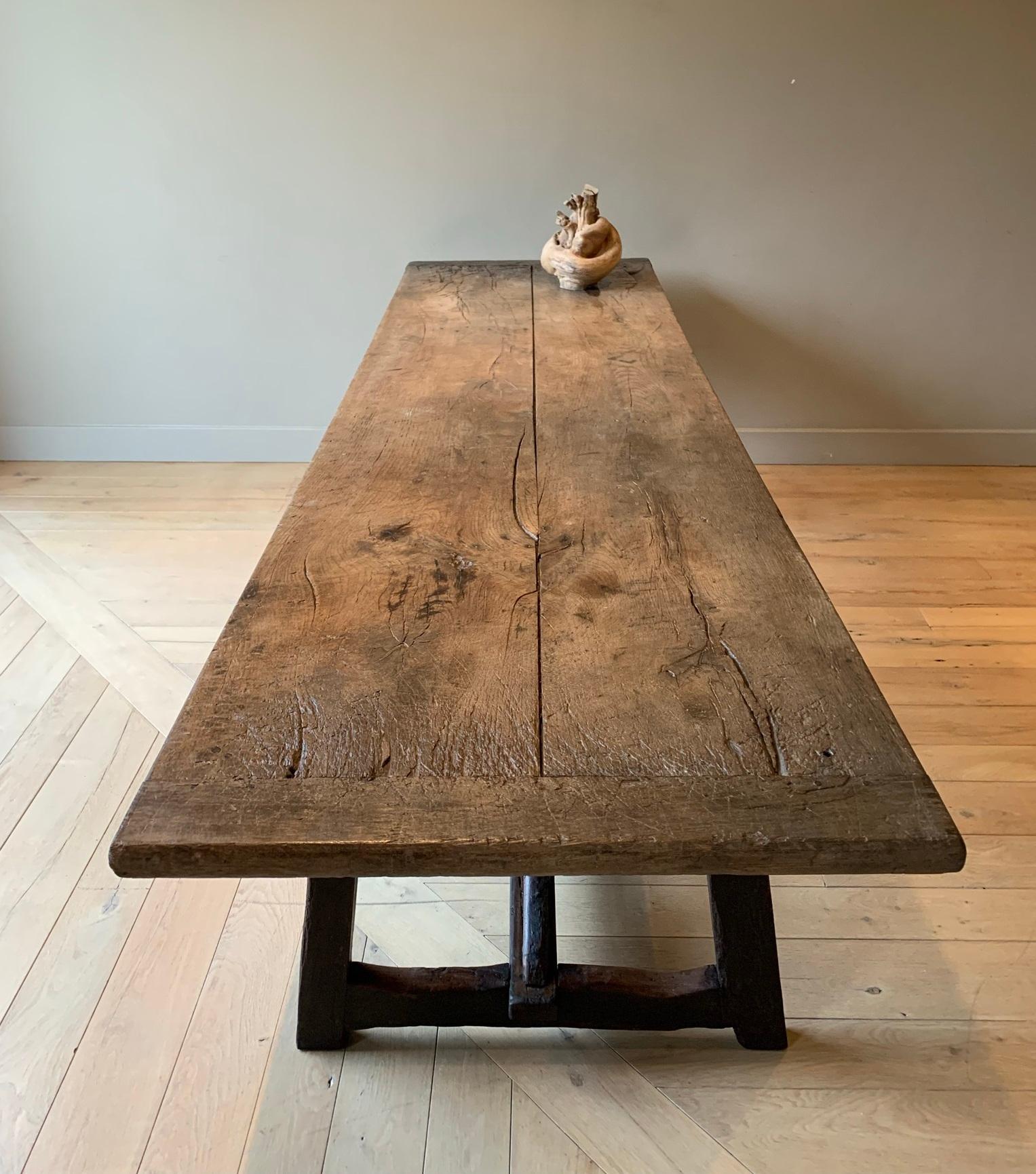 Chêne Table de réfectoire à tréteaux en Oak du 19e siècle