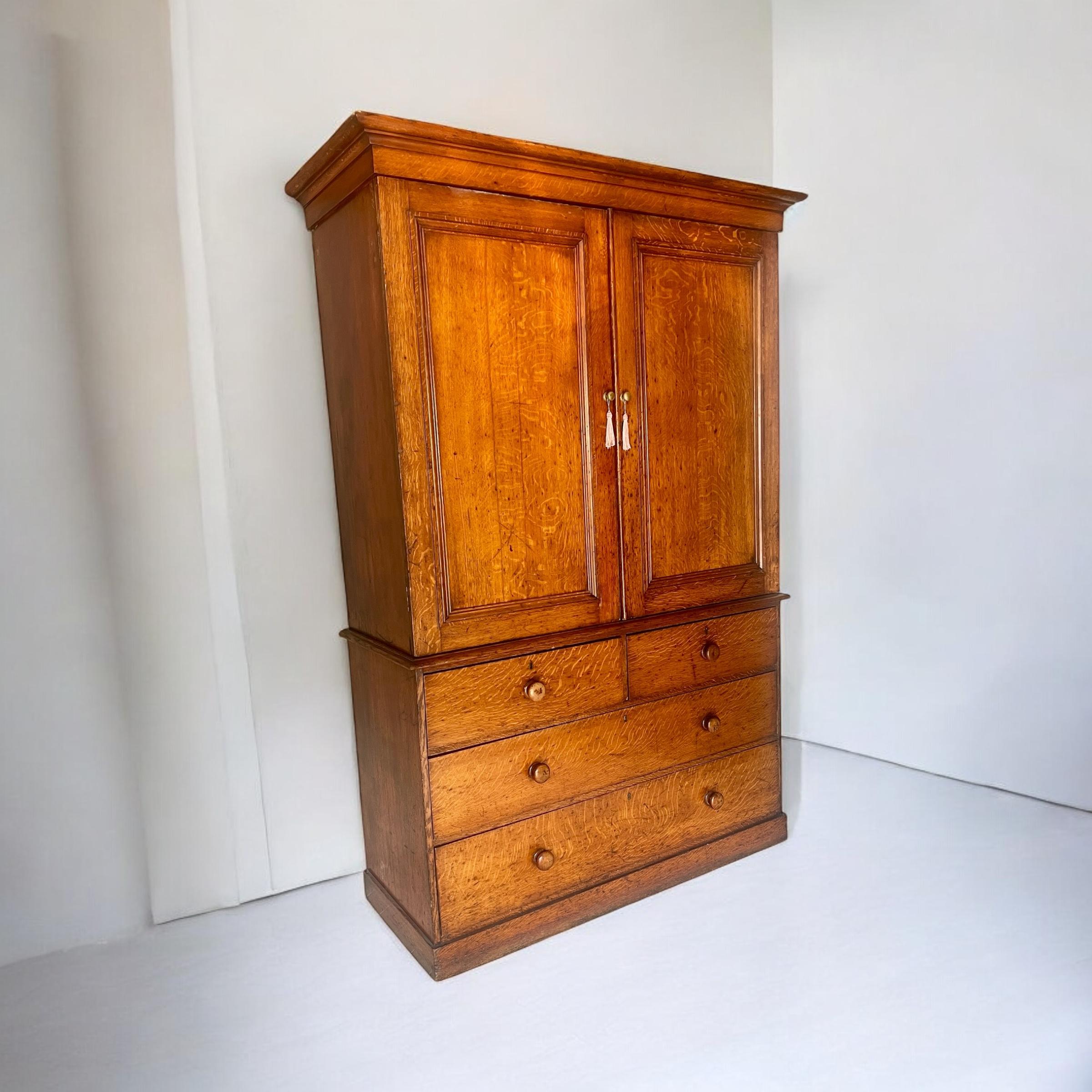 Victorian 19Th Century Oak Wardrobe Linen Press Or Housekeeper's Cupboard For Sale