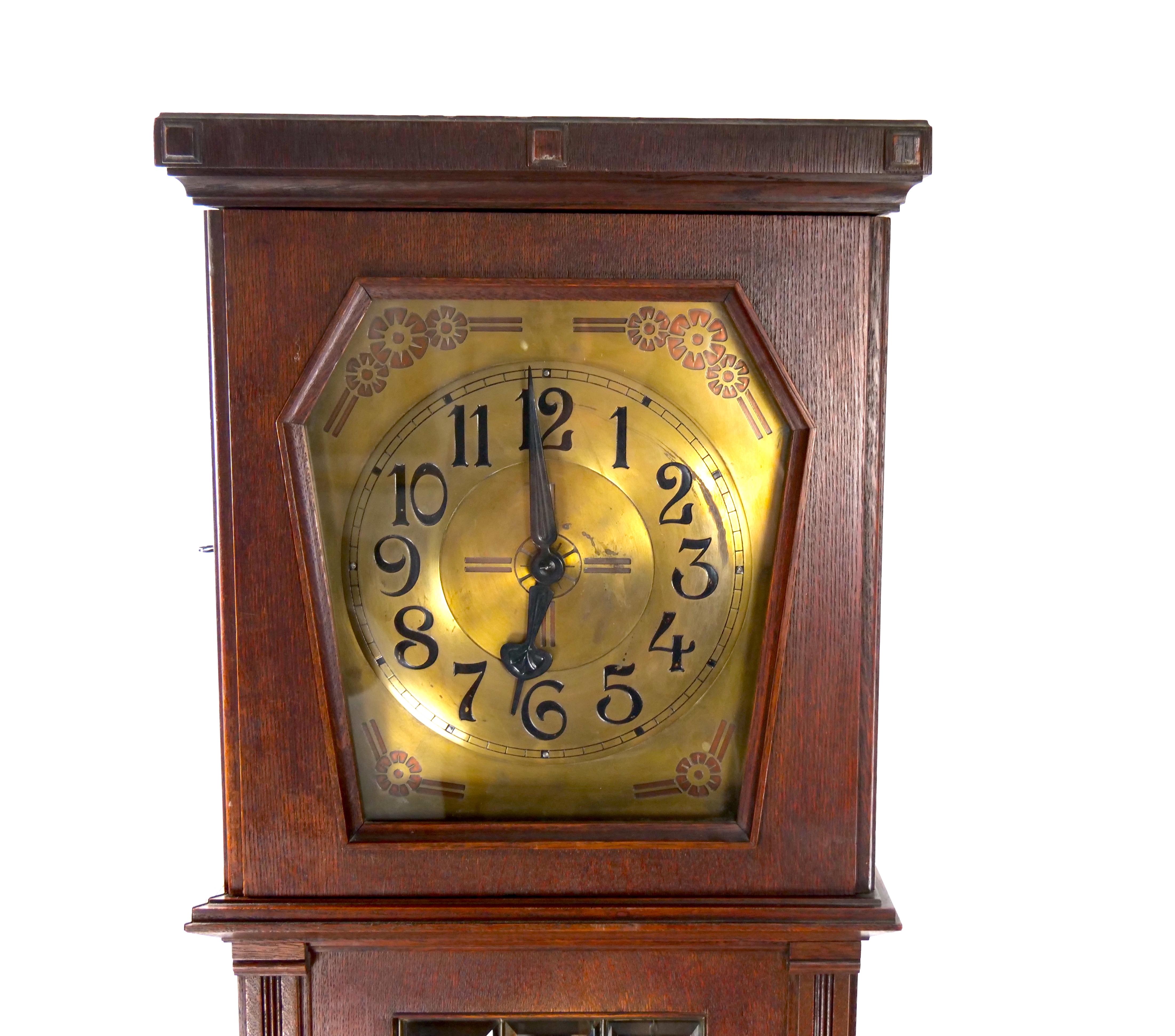 Hand-Carved 19th Century Oak Wood Frame / Brass Face Tall Case Clock For Sale