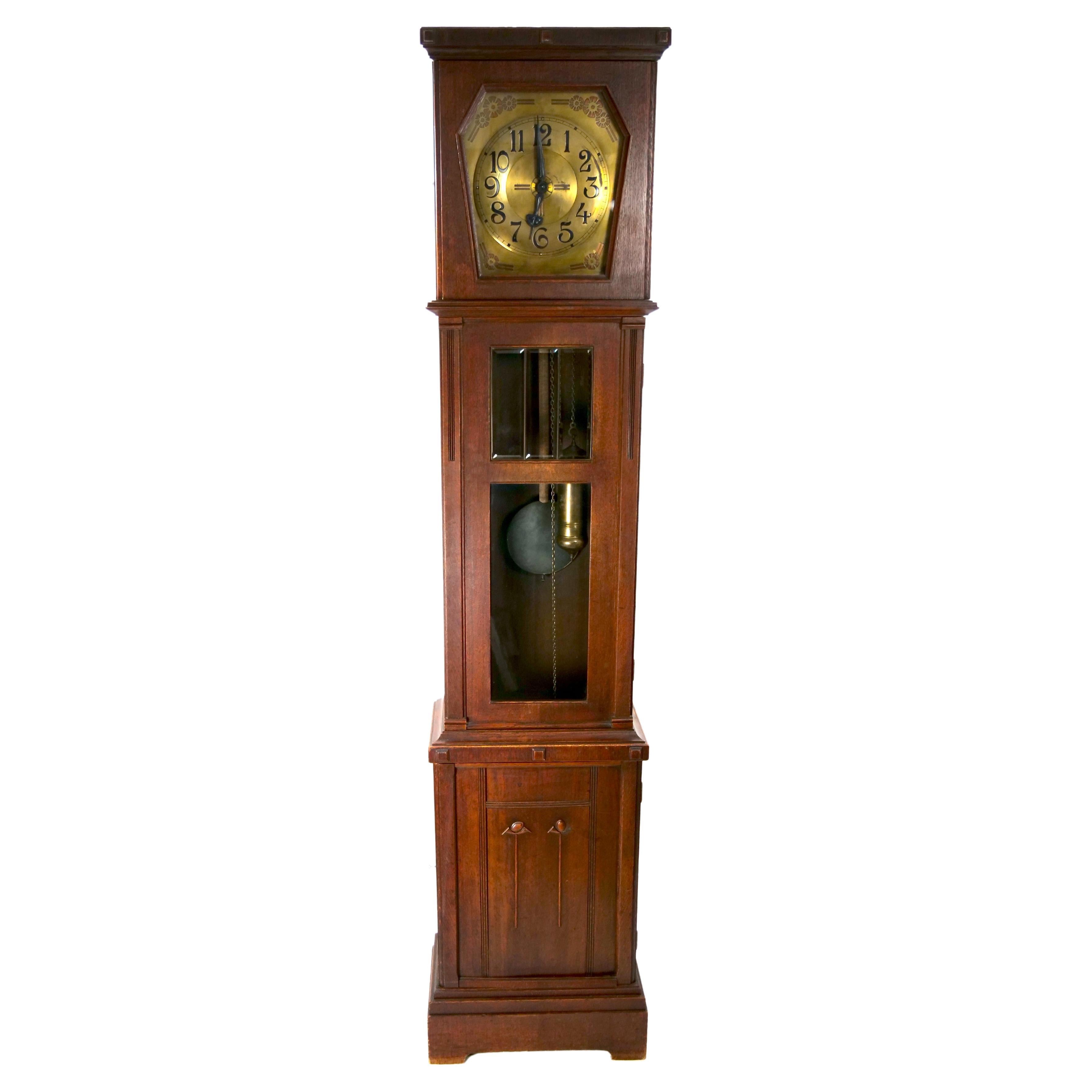 19th Century Oak Wood Frame / Brass Face Tall Case Clock For Sale