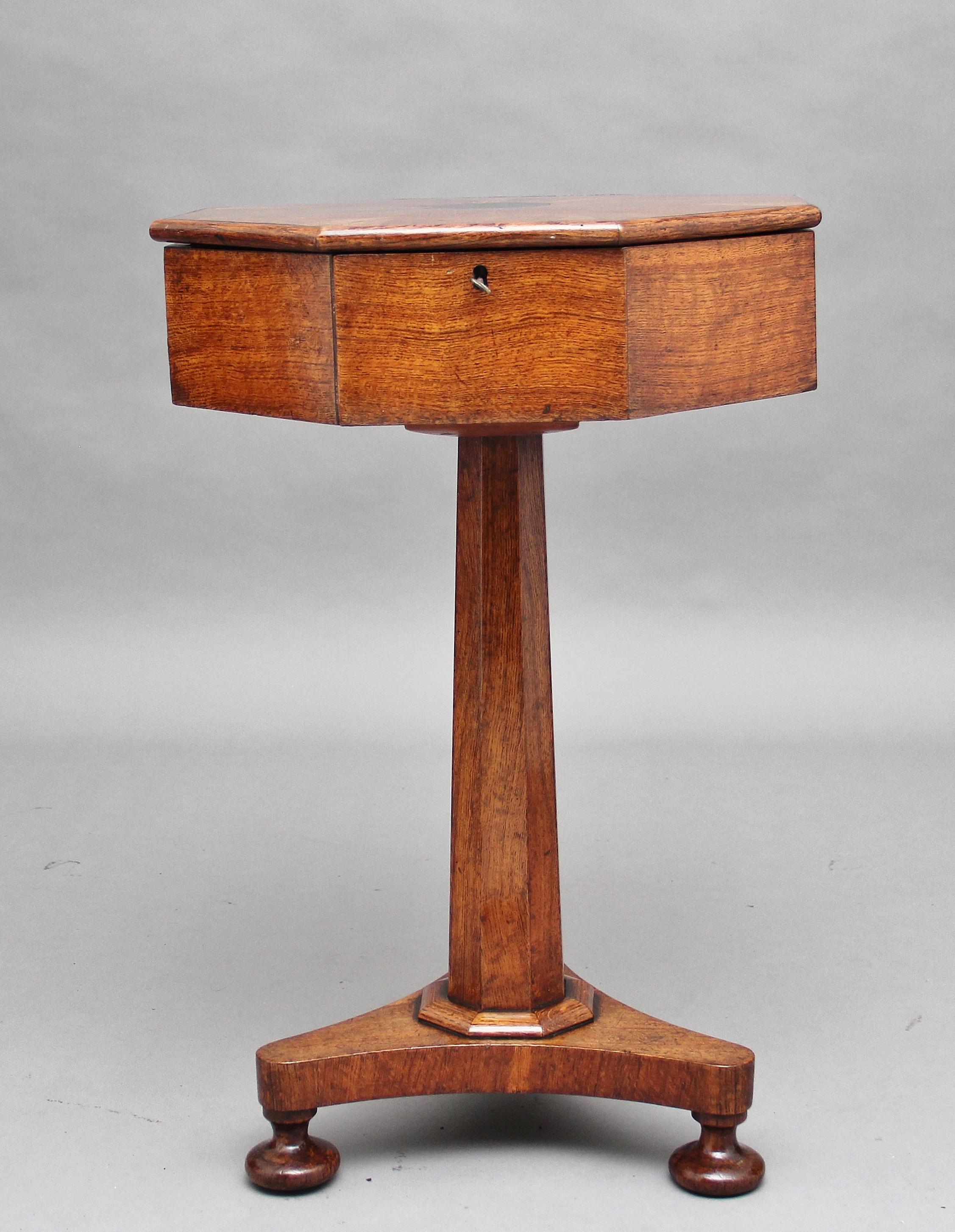 Early Victorian 19th Century Oak Work Table with Segmented Top and Ebony Inlay