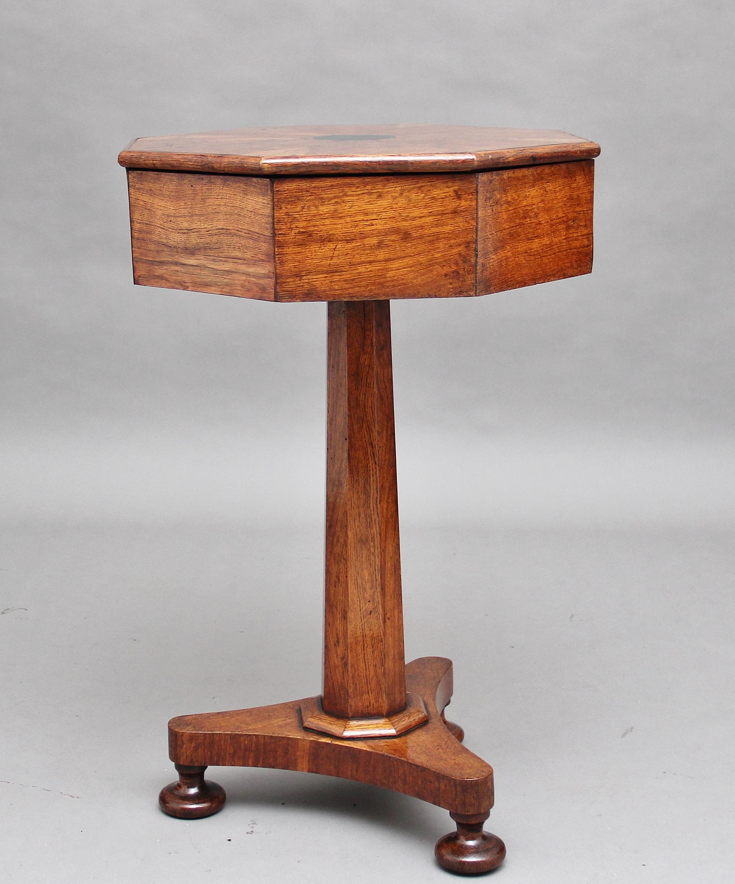 English 19th Century Oak Work Table with Segmented Top and Ebony Inlay