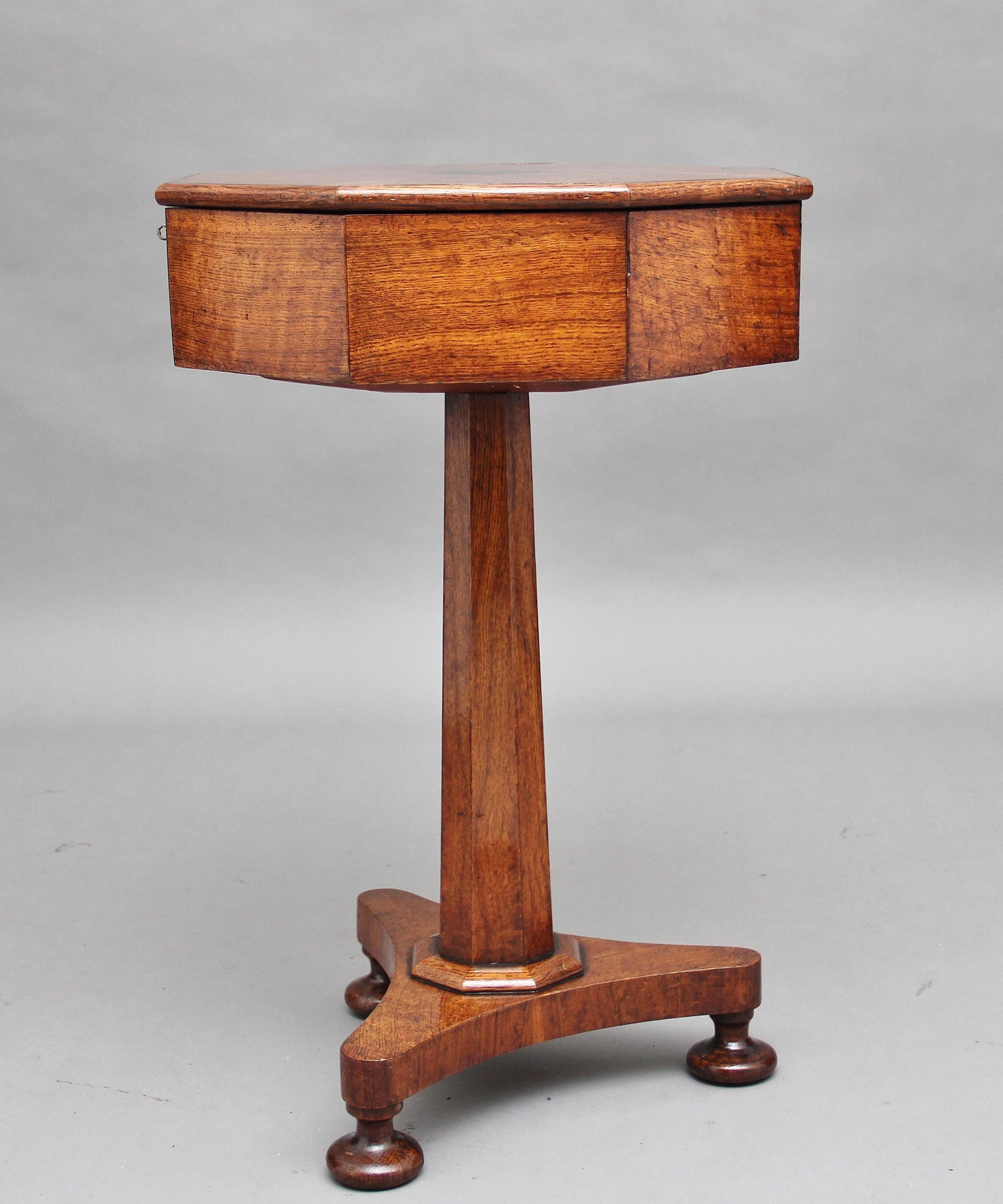 Mid-19th Century 19th Century Oak Work Table with Segmented Top and Ebony Inlay