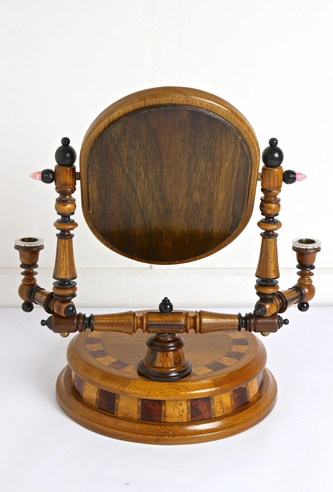 19th Century Oakwood Vanity Table With Candlesticks, Micro-Inlays, AT ca. 1890 For Sale 7