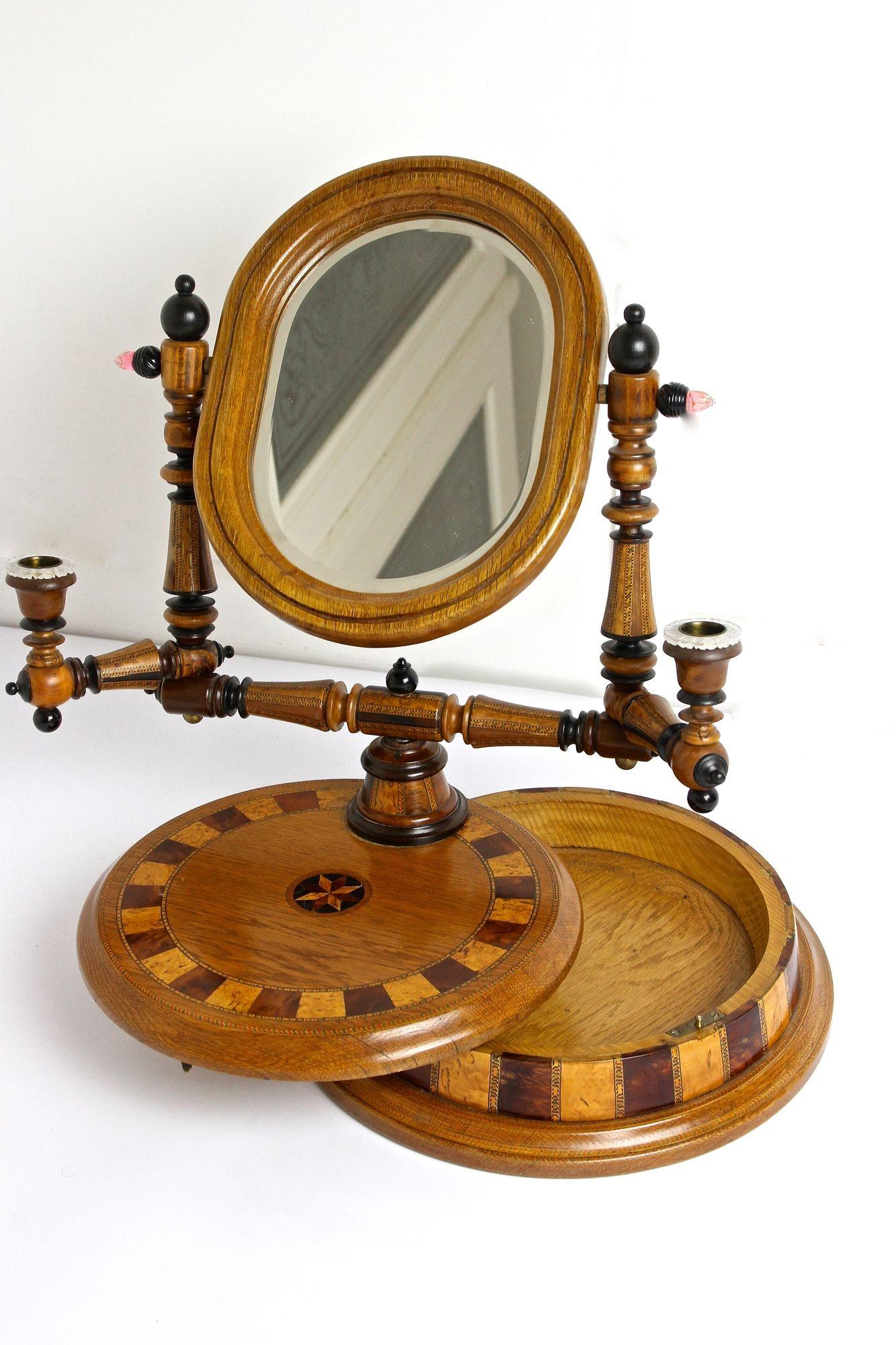 19th Century Oakwood Vanity Table With Candlesticks, Micro-Inlays, AT ca. 1890 For Sale 12