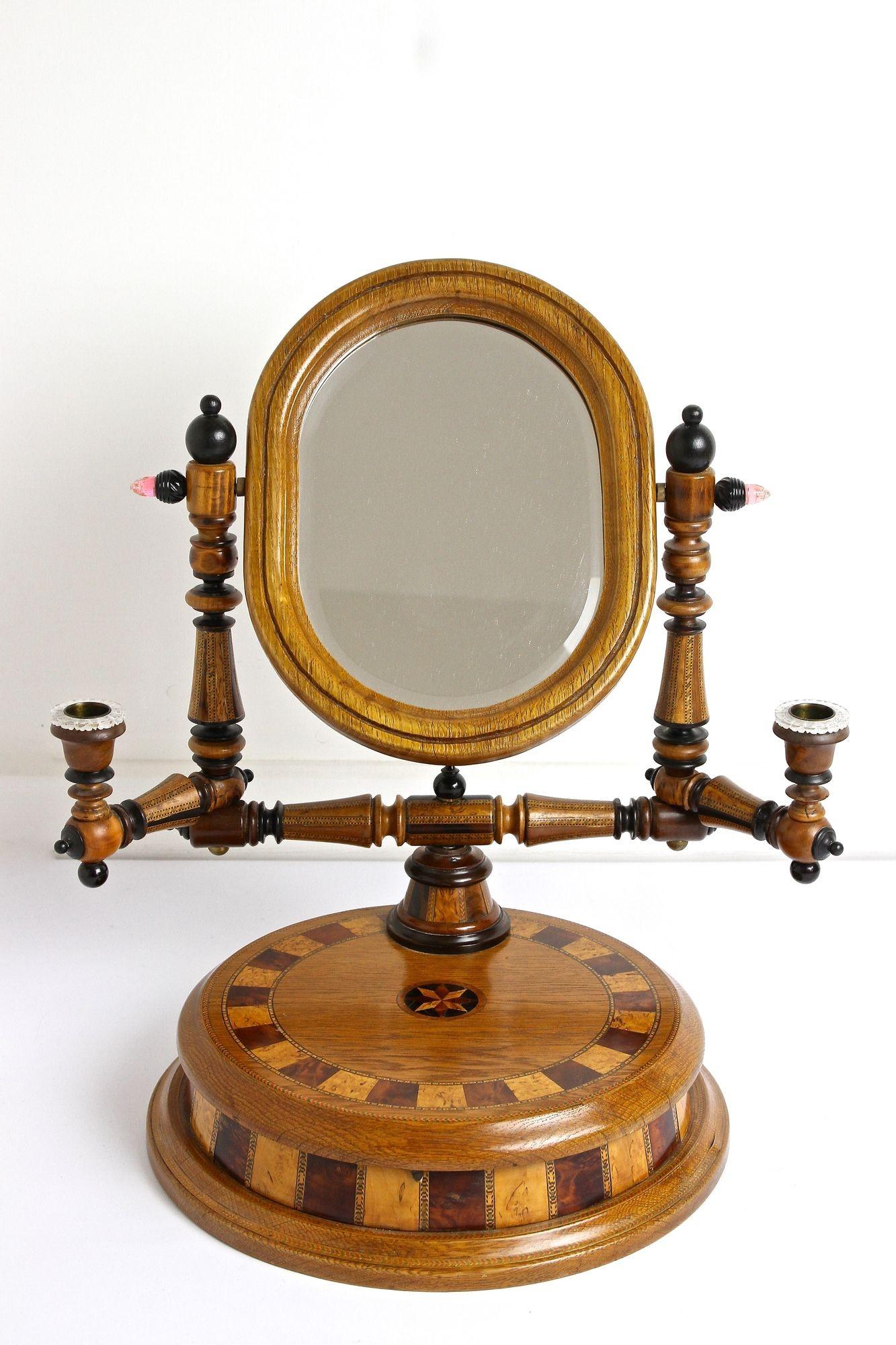 19th Century Oakwood Vanity Table With Candlesticks, Micro-Inlays, AT ca. 1890 For Sale 14