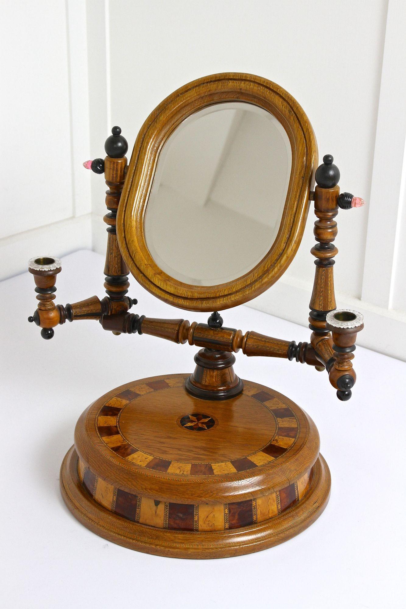 19th Century Oakwood Vanity Table With Candlesticks, Micro-Inlays, AT ca. 1890 For Sale 1