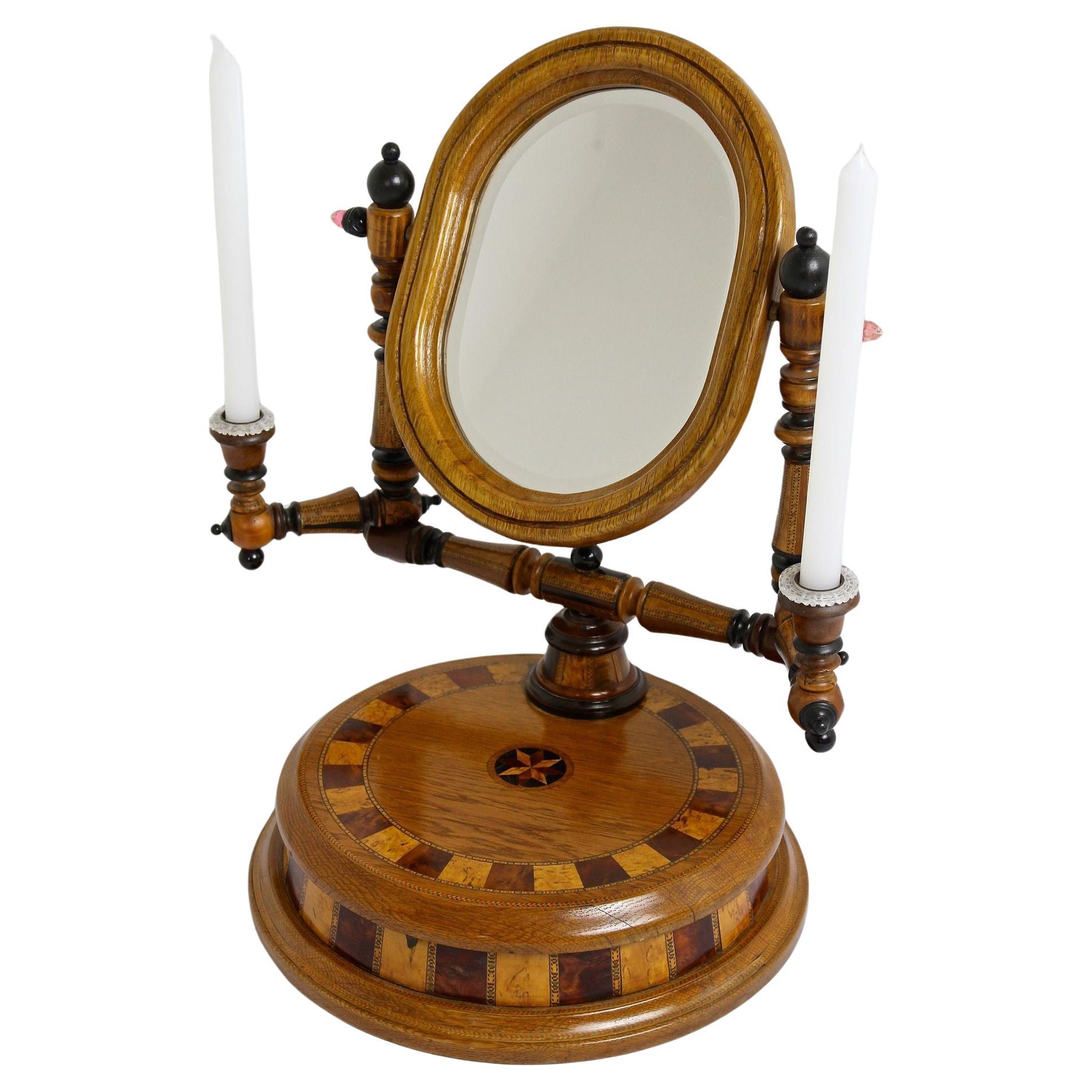 19th Century Oakwood Vanity Table With Candlesticks, Micro-Inlays, AT ca. 1890