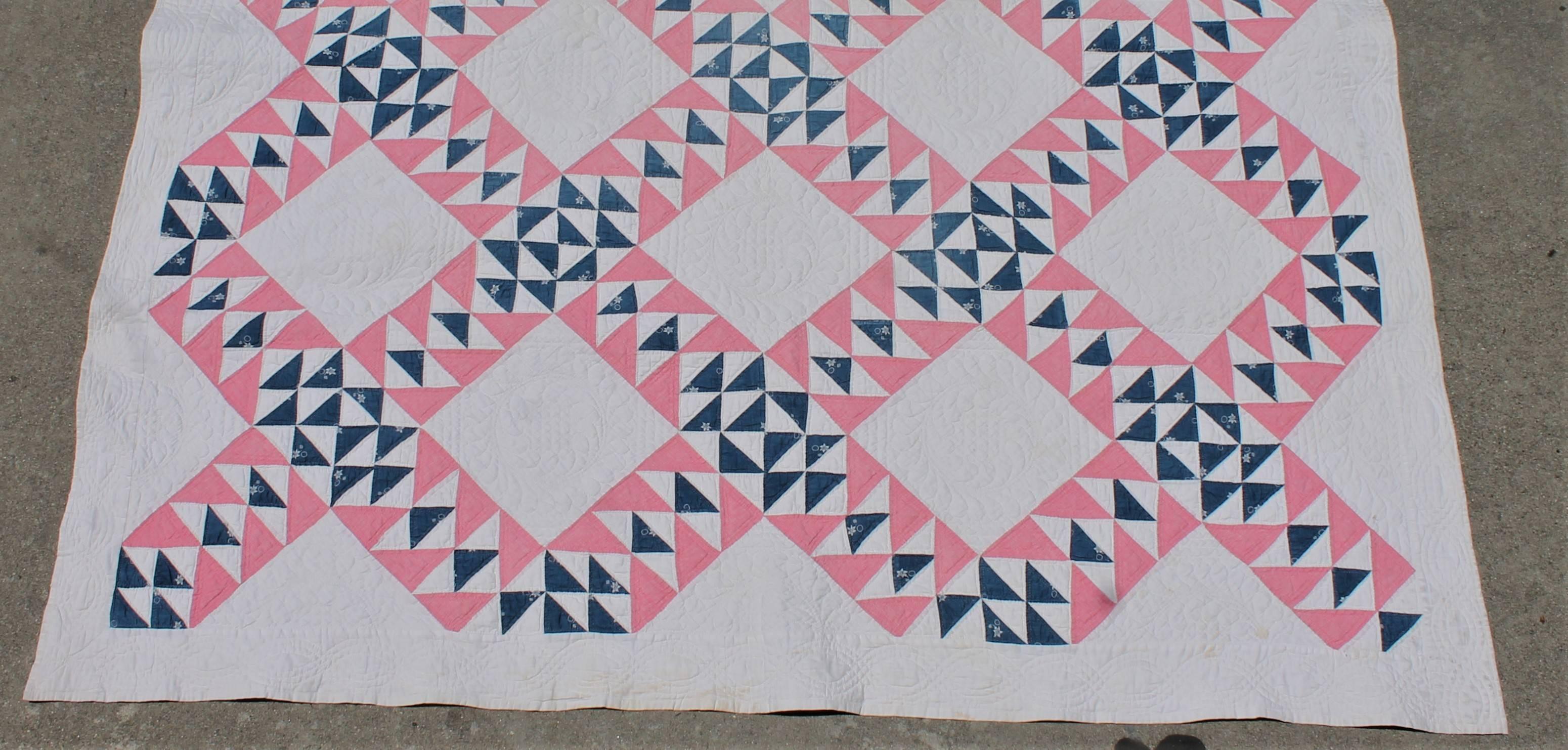 This amazing quilt has the most fantastic quilting and piecing. The quilt was dated in the 1870s but date is almost faded off after having it professionally cleaned It is very pristine with minor staining on the backside but nothing on the front