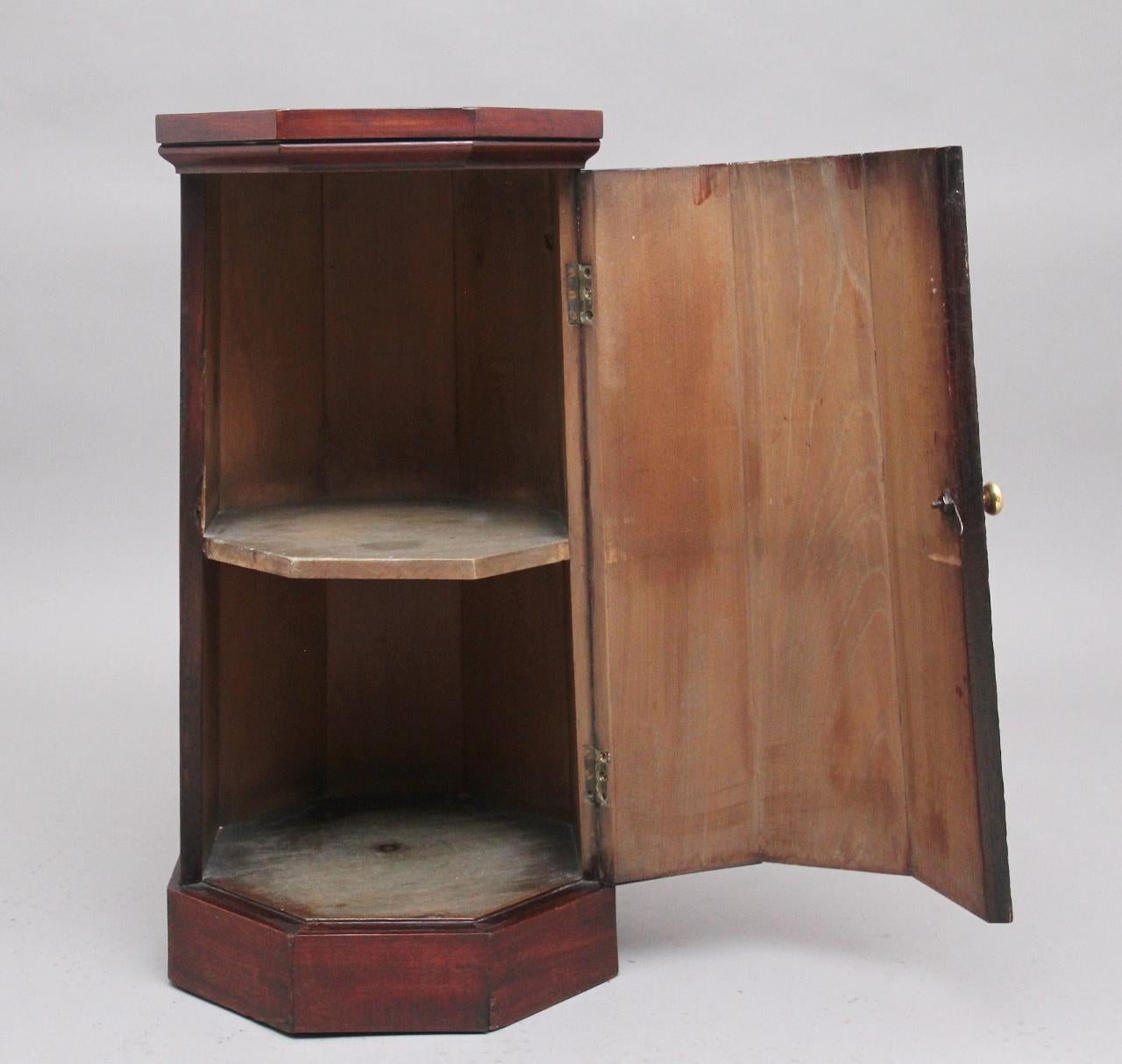 19th Century octagon shaped mahogany pedestal / cupboard, the octagonal shaped top above the tapered pedestal base with a hinged cupboard door opening to reveal a single fixed shelf inside, the door having a lockable turned brass handle, supported