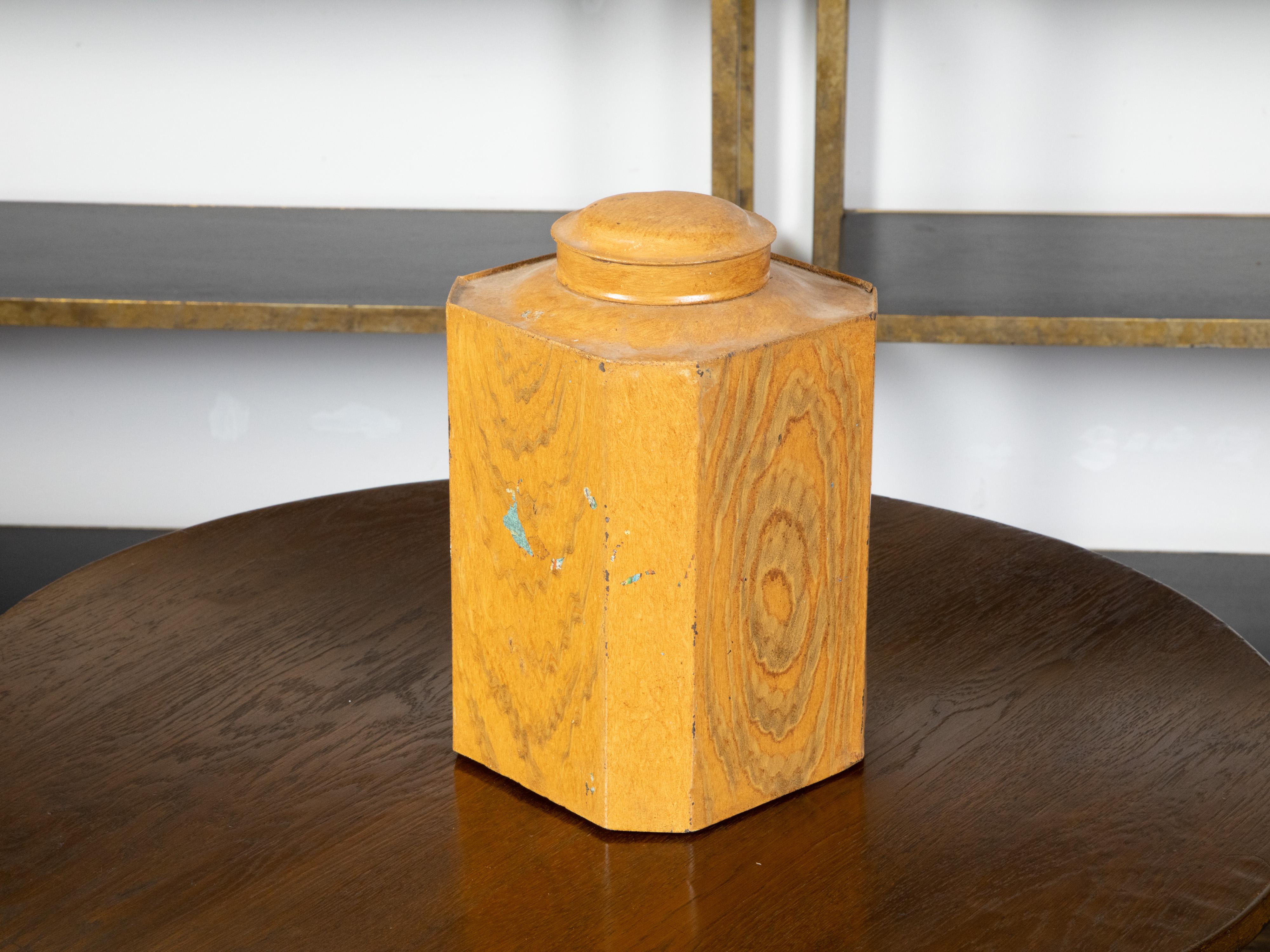 19th Century, Octagonal Lidded Tin Canister with Yellow Faux Bois Finish For Sale 1