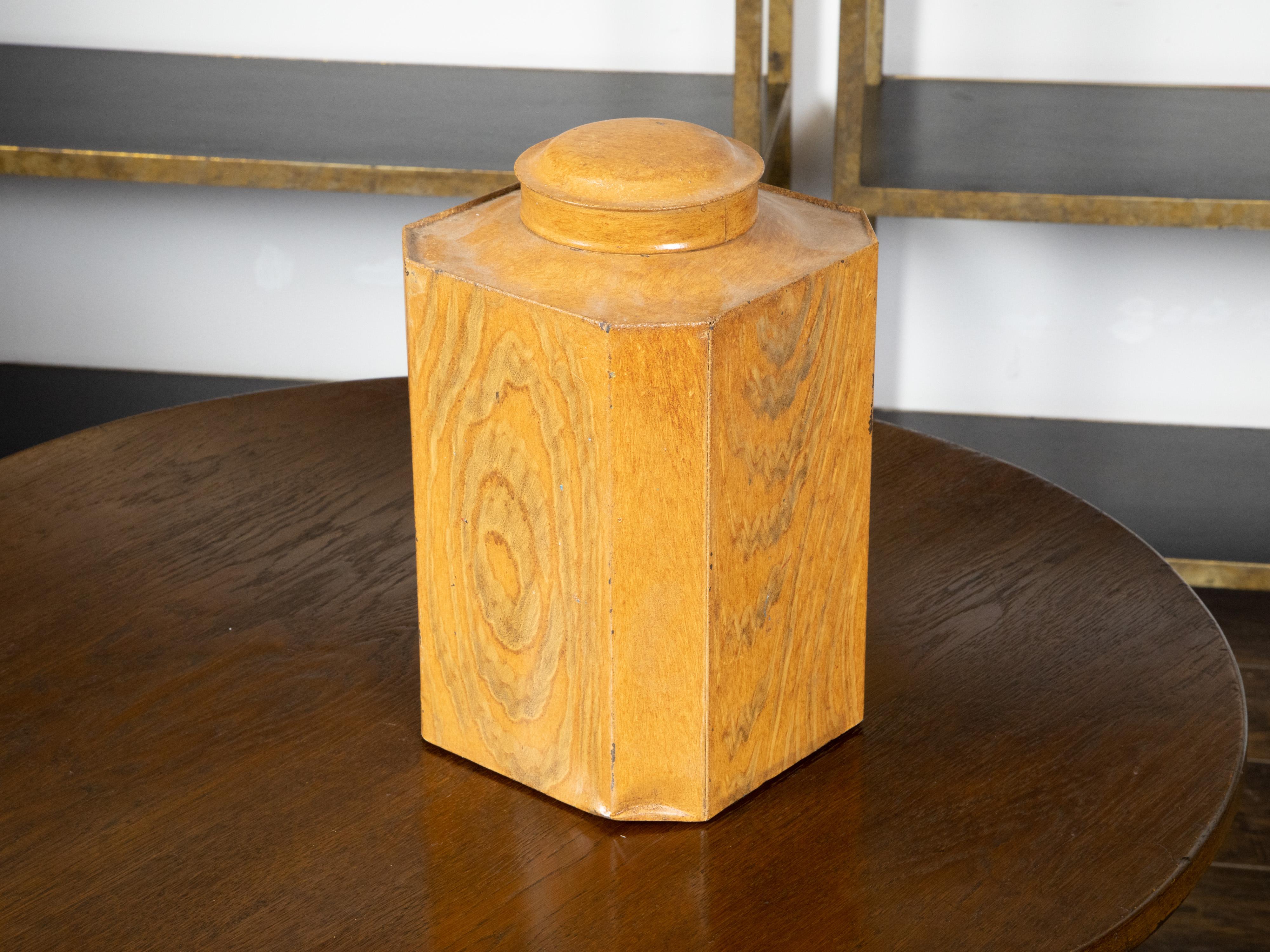 19th Century, Octagonal Lidded Tin Canister with Yellow Faux Bois Finish For Sale 4