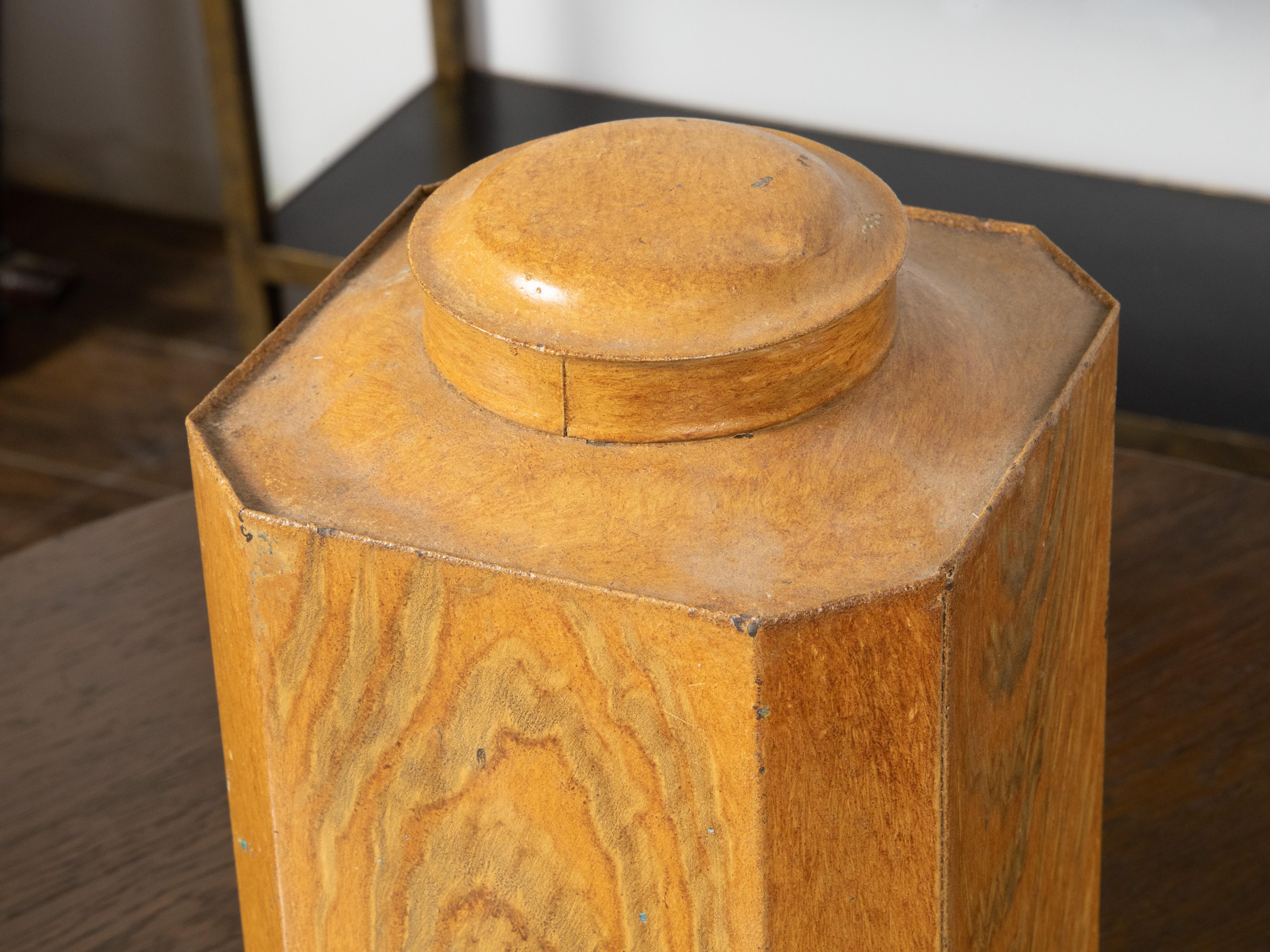 19th Century, Octagonal Lidded Tin Canister with Yellow Faux Bois Finish For Sale 6