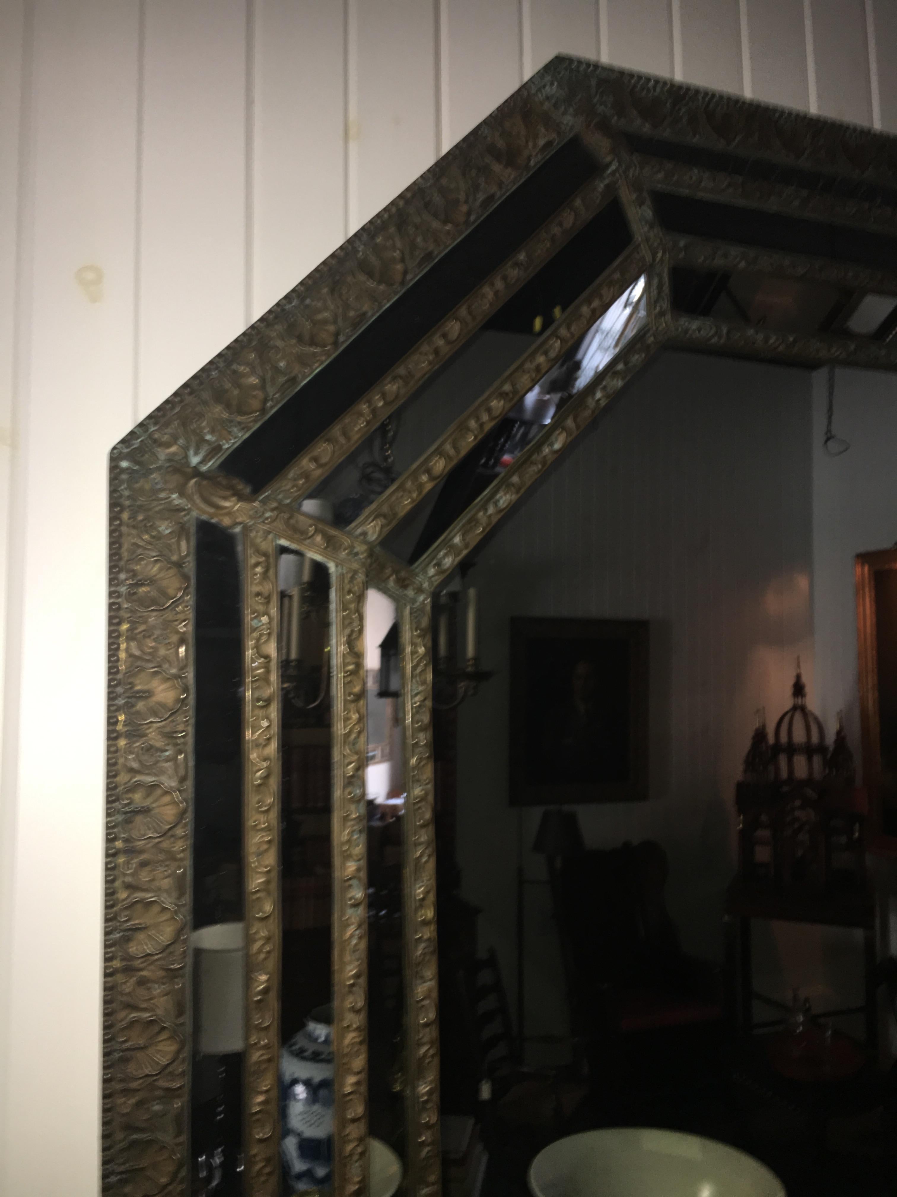 British 19th Century Octagonal Mirror with Repousse Metal Frame, Original Mirror Plate For Sale