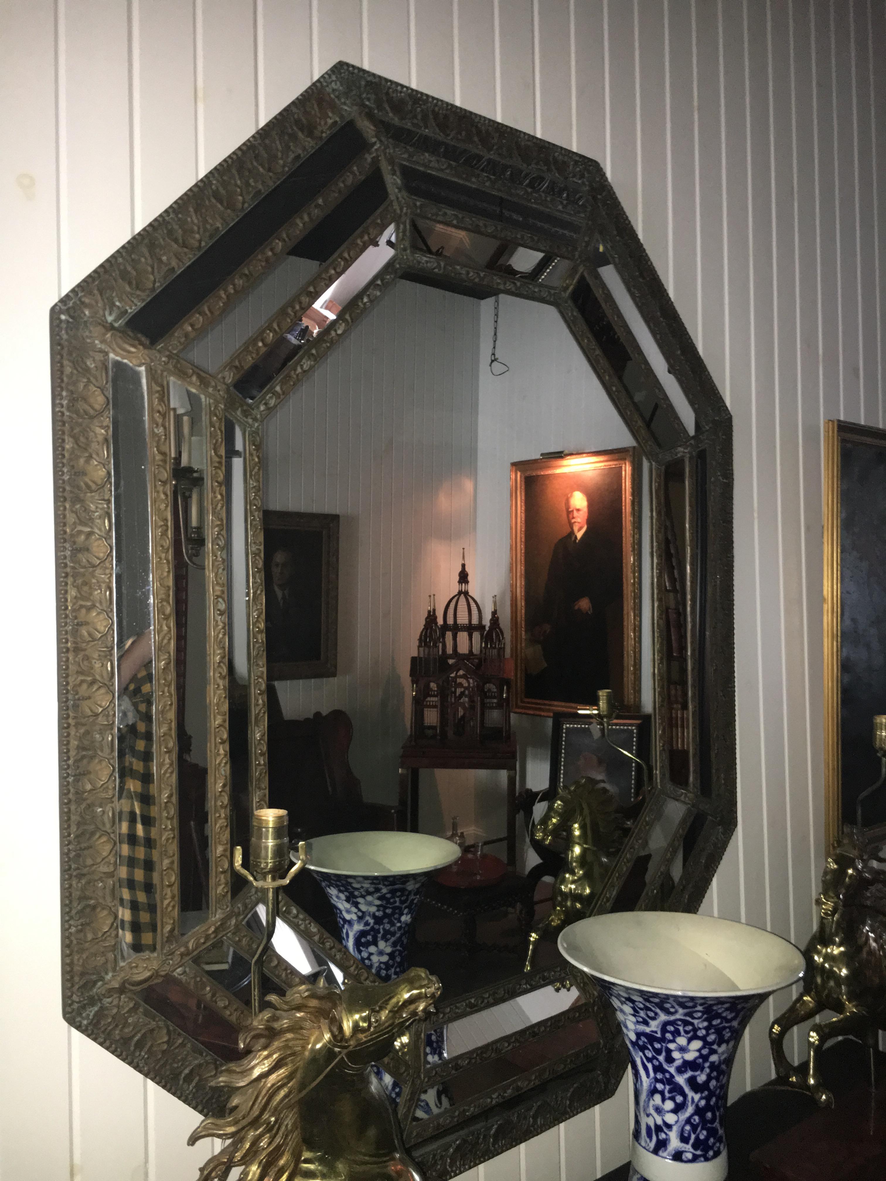 19th Century Octagonal Mirror with Repousse Metal Frame, Original Mirror Plate In Excellent Condition For Sale In Buchanan, MI