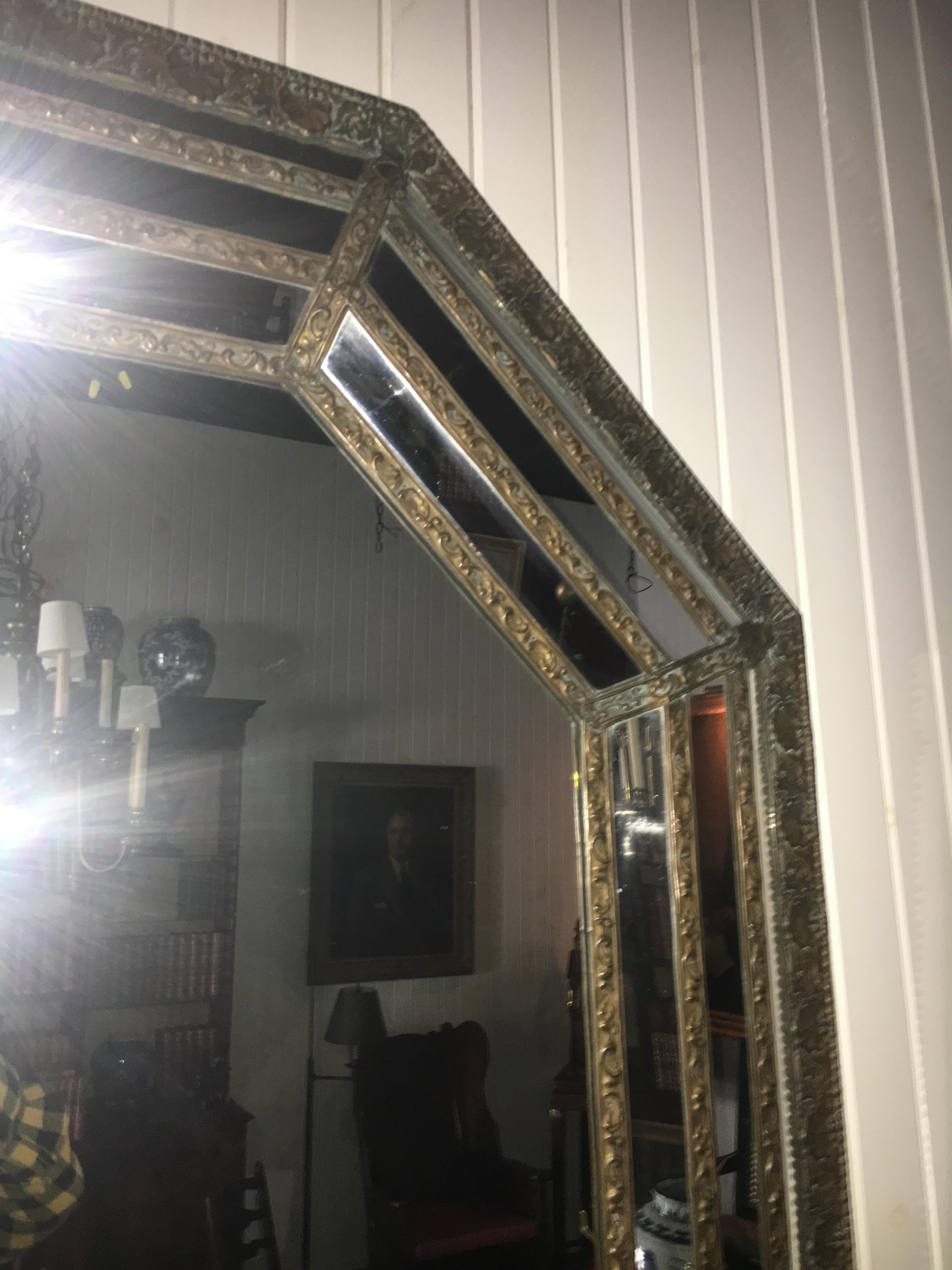 Brass 19th Century Octagonal Mirror with Repousse Metal Frame, Original Mirror Plate For Sale