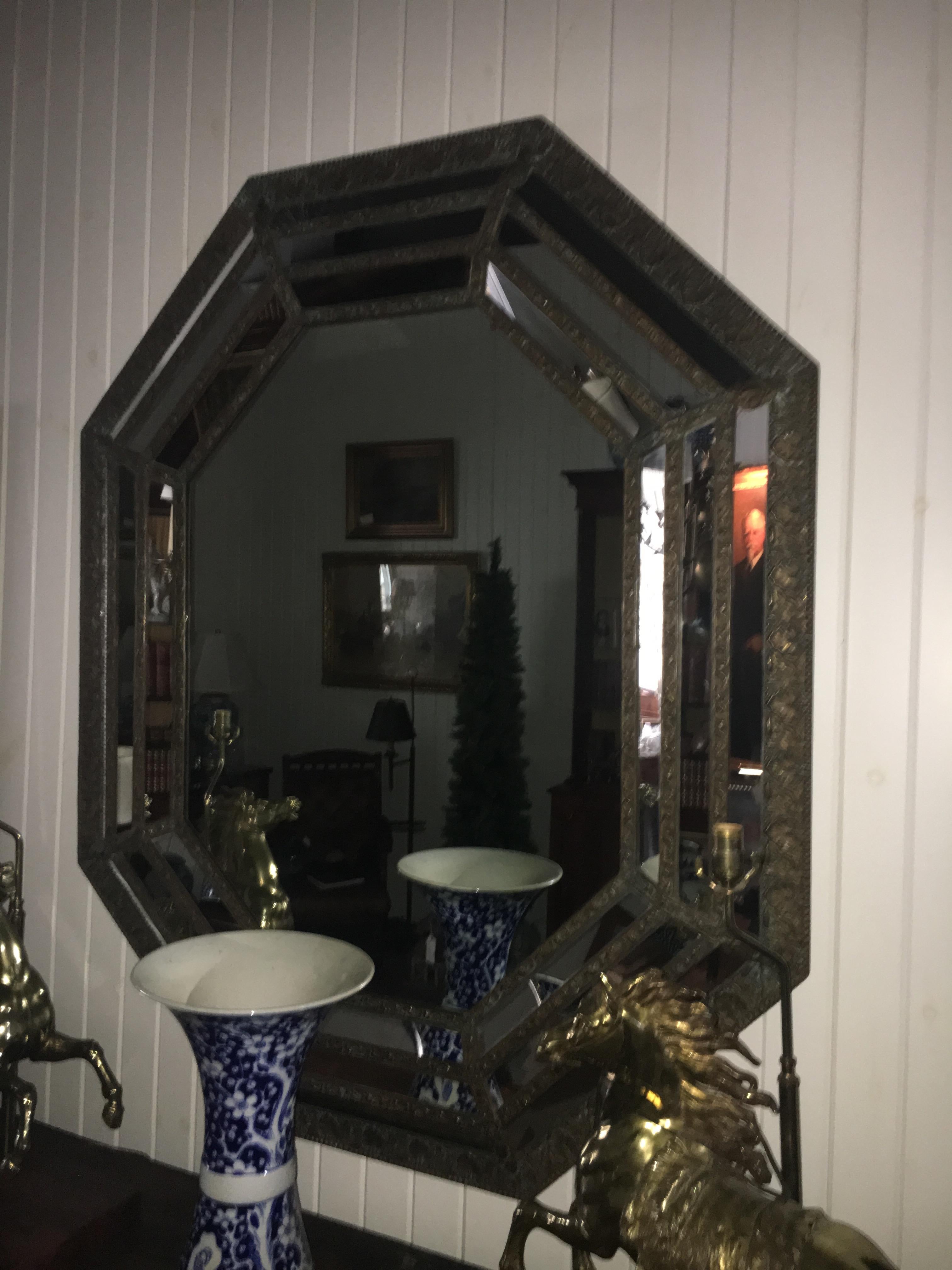 19th Century Octagonal Mirror with Repousse Metal Frame, Original Mirror Plate For Sale 2