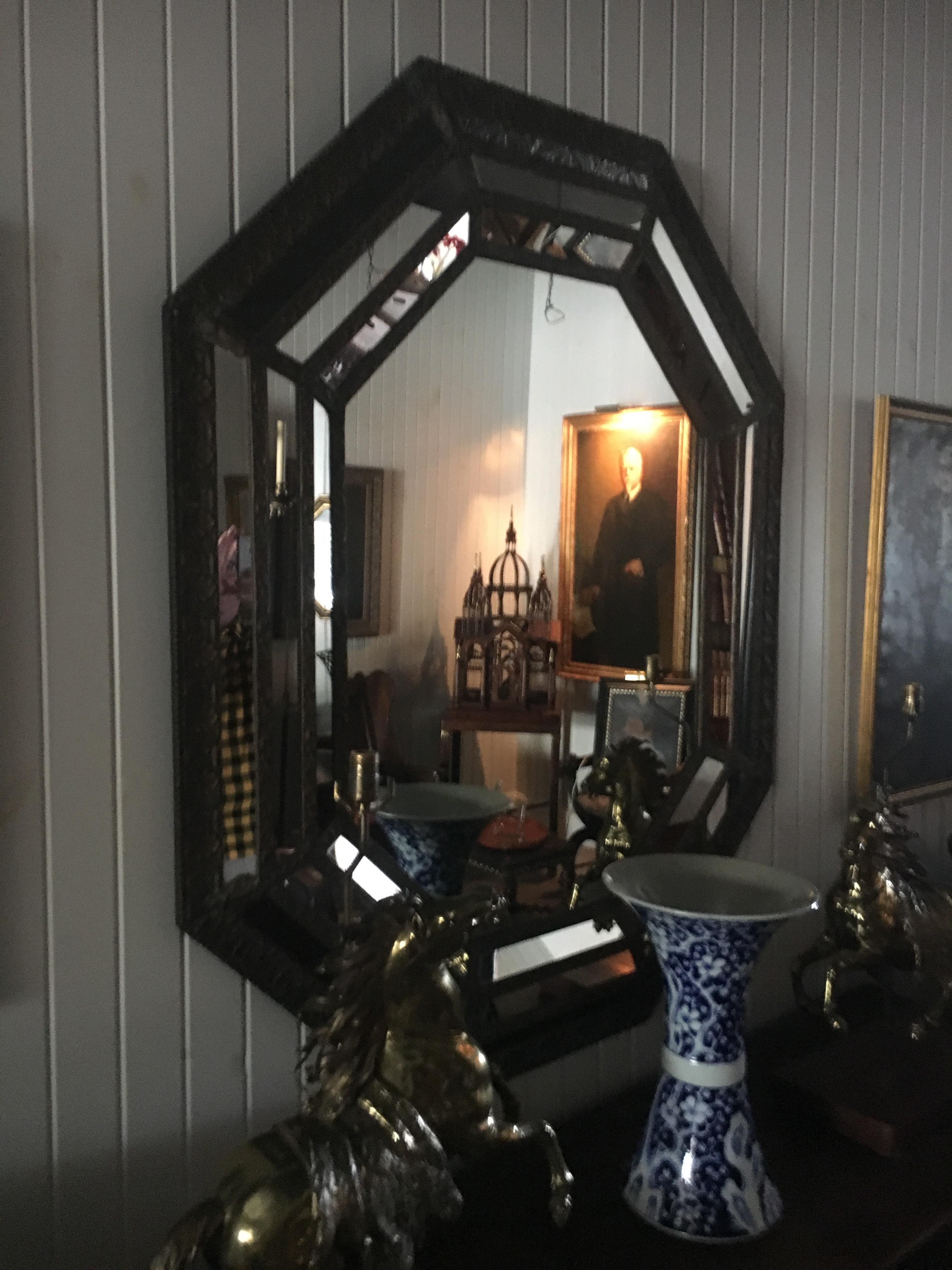 19th Century Octagonal Mirror with Repousse Metal Frame, Original Mirror Plate For Sale 4