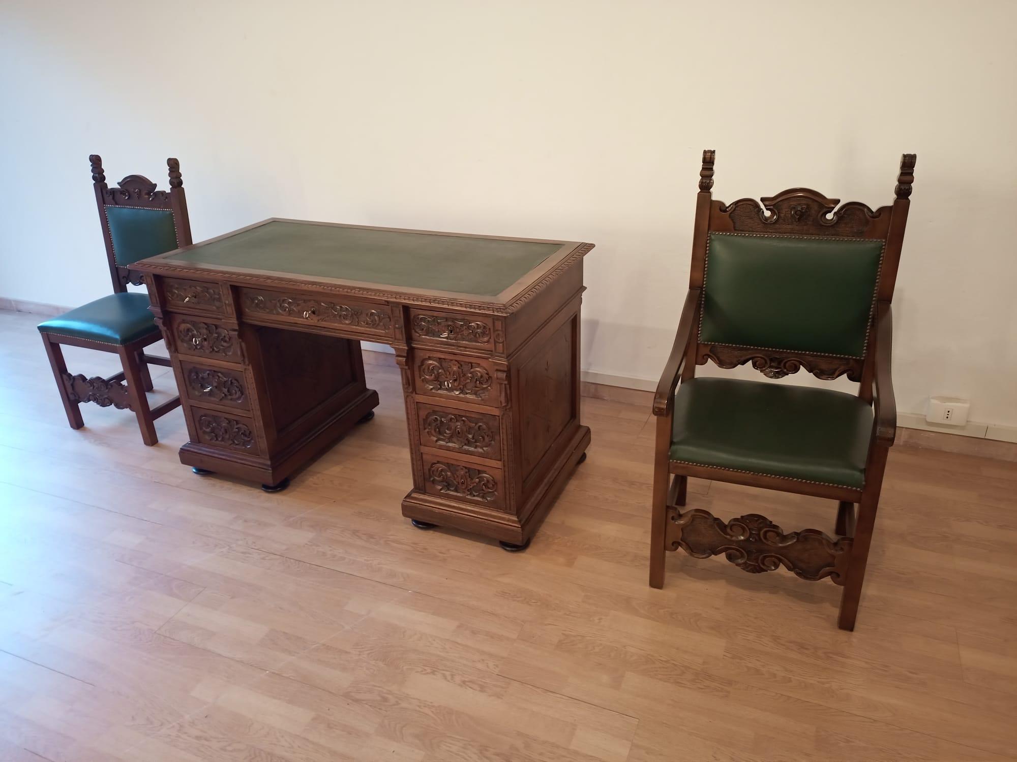 19th Century Office Desk Set Desk Two Chairs Walnut and Leather Set Brass For Sale 11