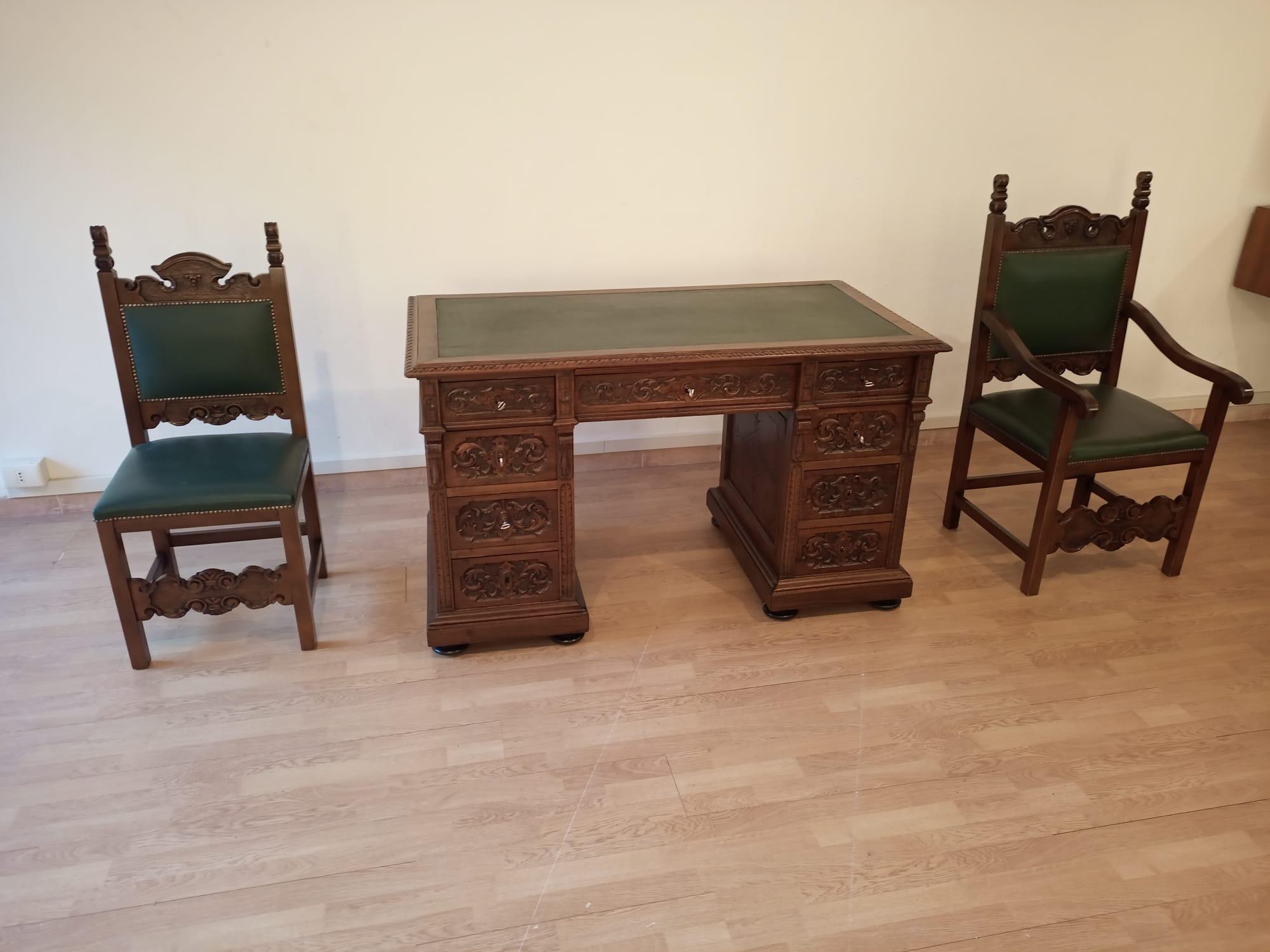 19th Century Office Desk Set Desk Two Chairs Walnut and Leather Set Brass For Sale 12