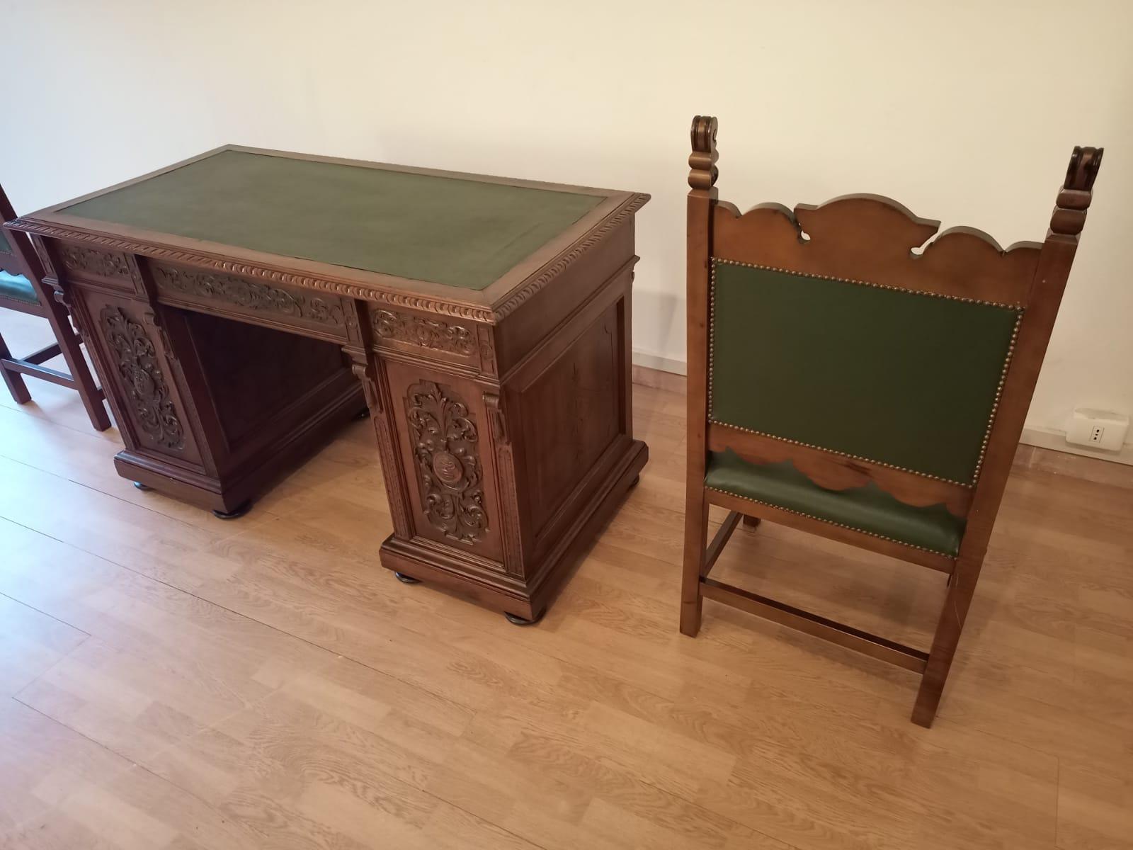 Italian 19th Century Office Desk Set Desk Two Chairs Walnut and Leather Set Brass For Sale