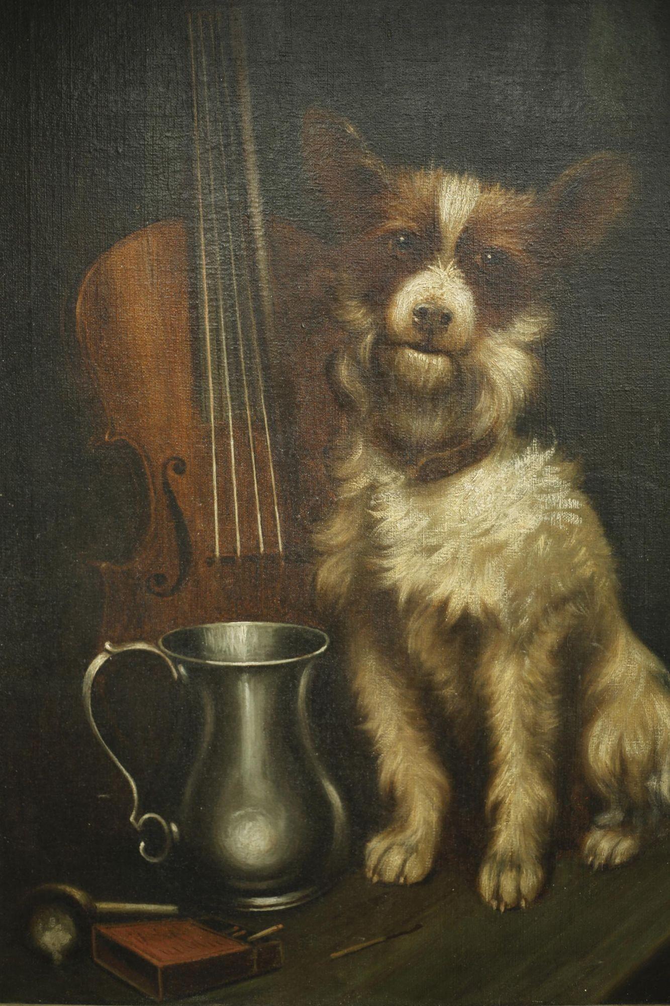 This is a very well painted oil on canvas of a Dog sat with a violin and tankard by renowned British animal painter Chas Dudley. The condition overall is very good with attractive muted colours and thick gilt frame. I love the subject and think it