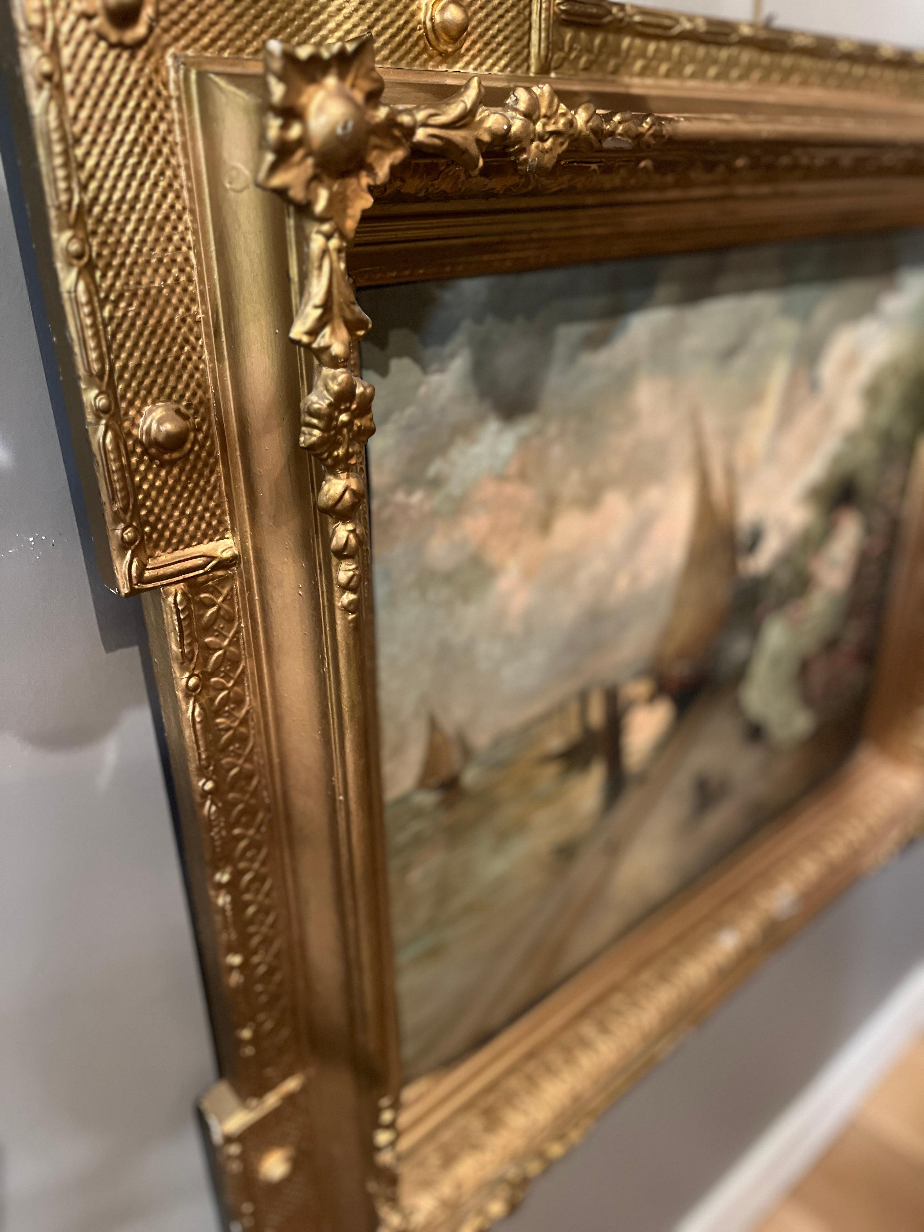 Óleo del siglo XIX Riviera francesa atribuido a Fausto Zonaro Madera dorada en venta