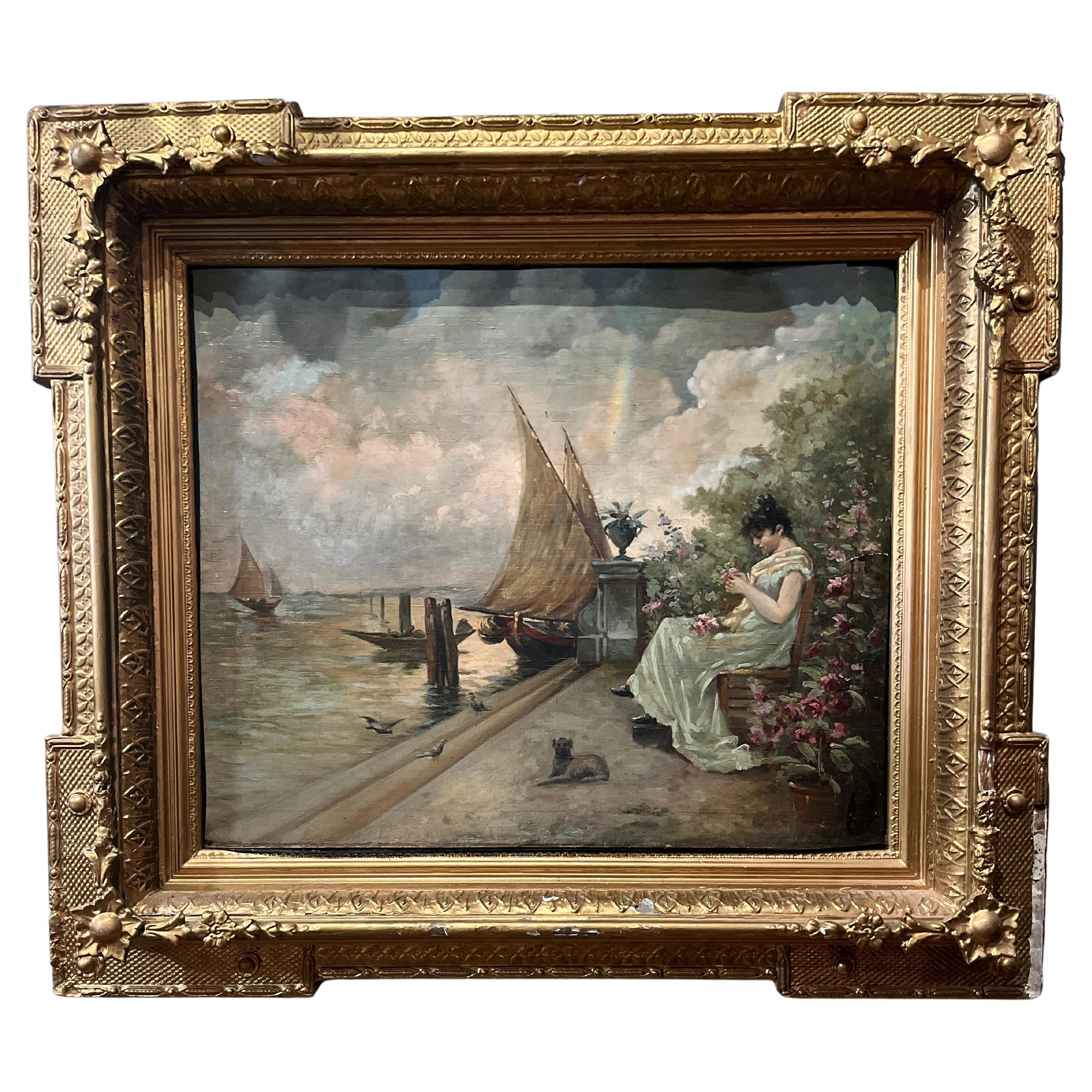 Óleo del siglo XIX Riviera francesa atribuido a Fausto Zonaro en venta