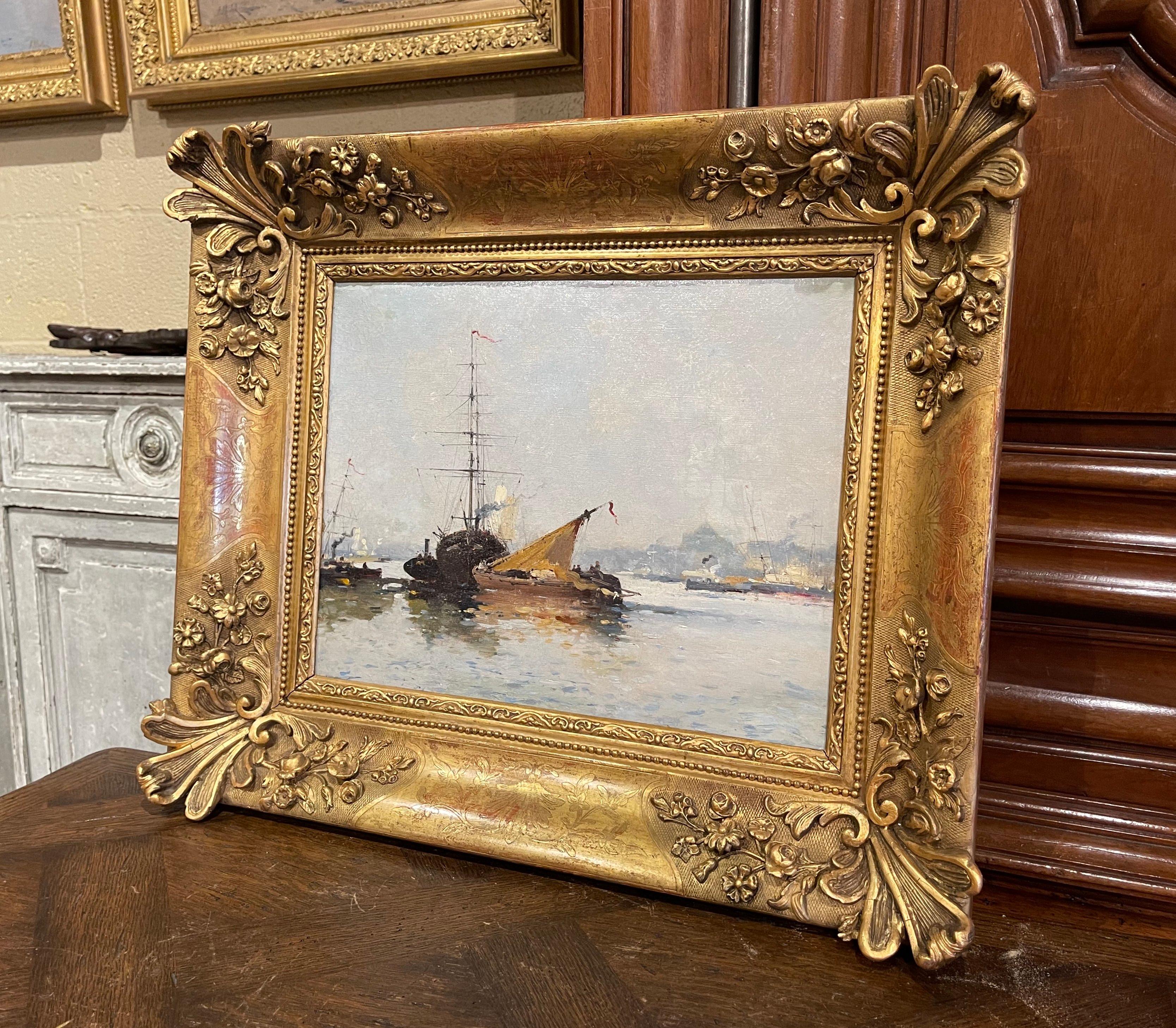 Decorate a study, living room or den with this beautiful and colorful antique oil on canvas painting! Painted in France circa 1890, the artwork is set in the original carved gilt wood frame; it illustrate a picturesque, ocean-front port scene in