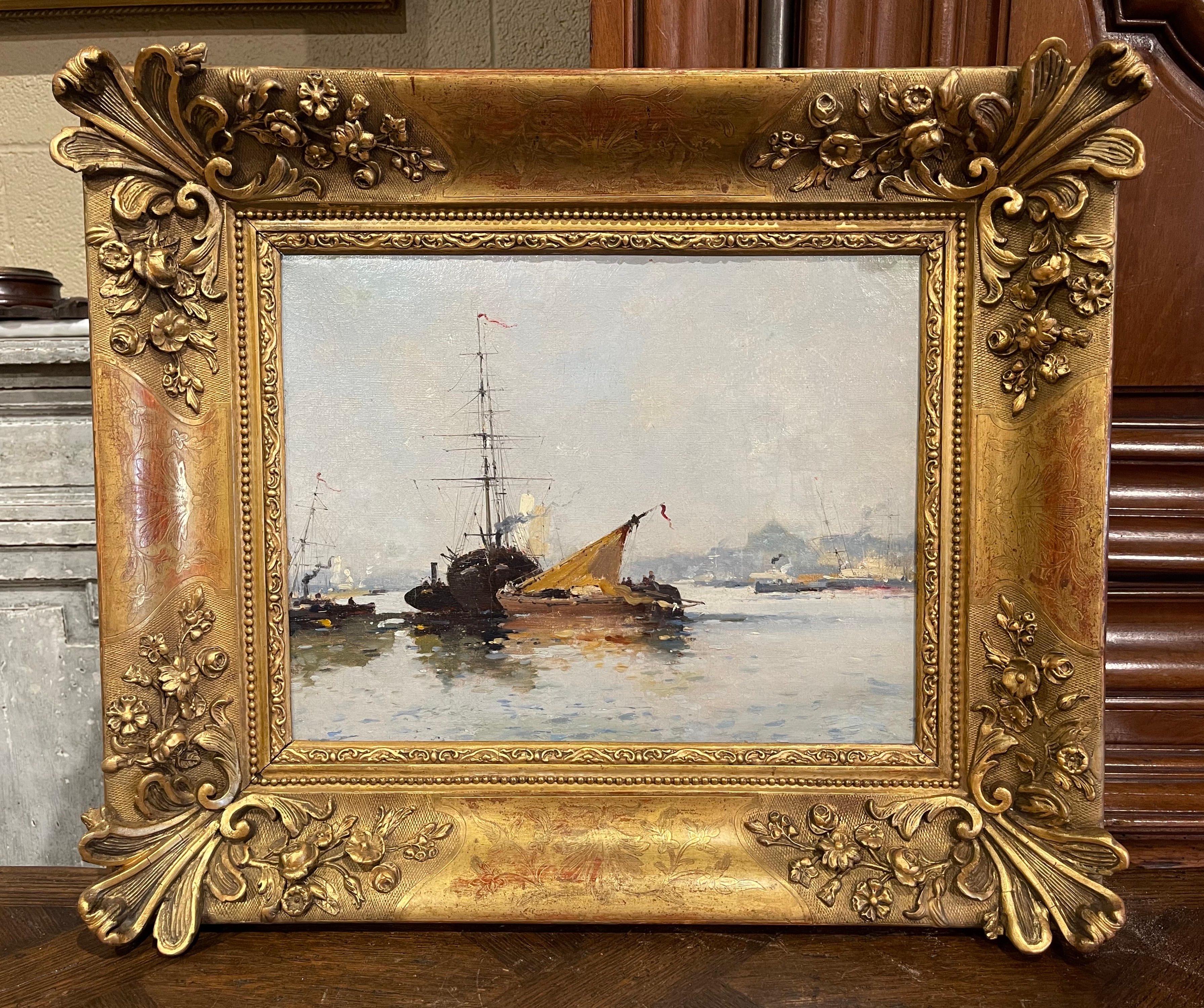 Canvas 19th Century Oil Marine Painting in Carved Gilt Frame Signed E. Galien-Laloue