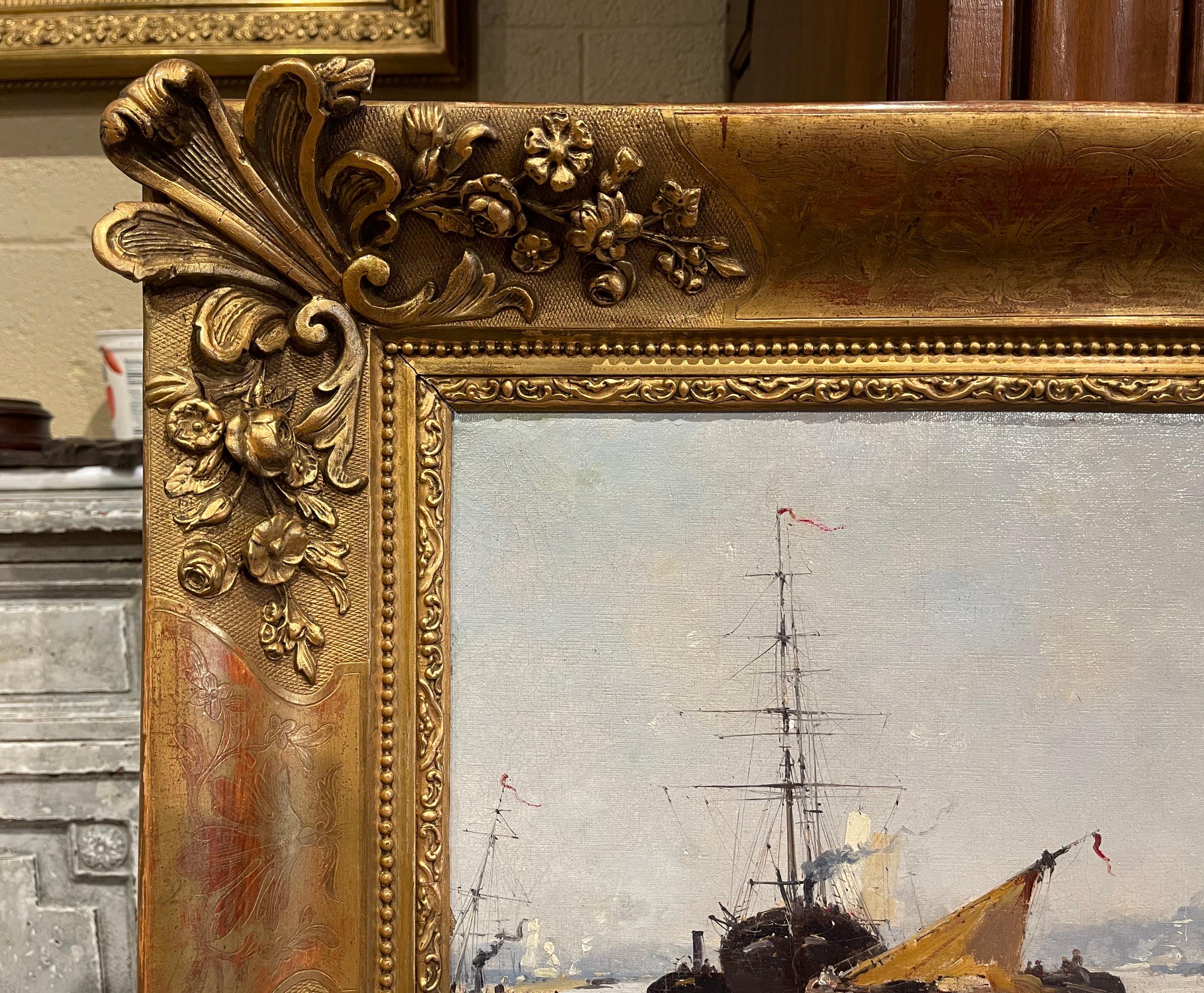 Tableau de marine à l'huile du 19e siècle dans un cadre sculpté et doré signé E. Galien-Laloue Excellent état à Dallas, TX