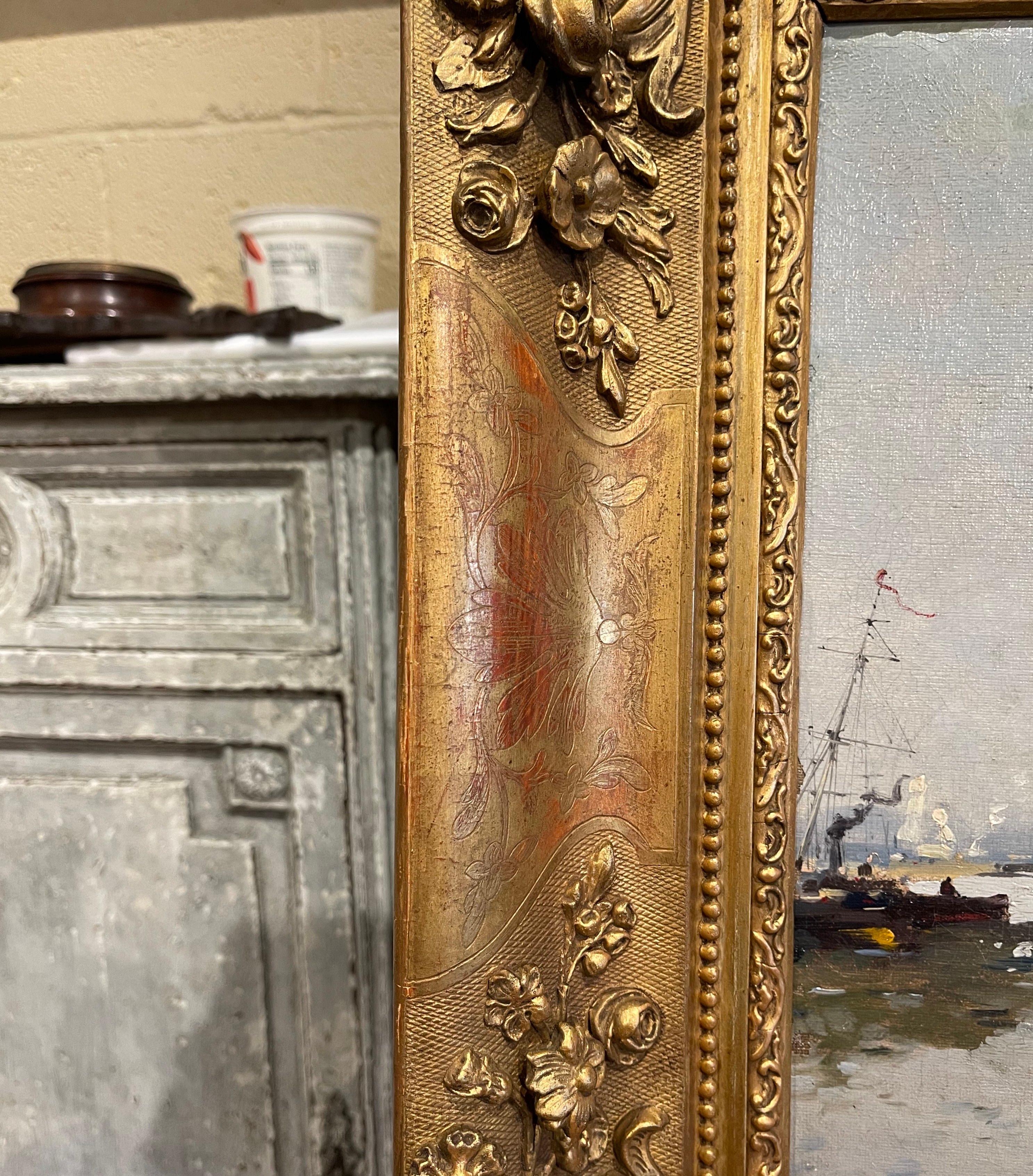 XIXe siècle Tableau de marine à l'huile du 19e siècle dans un cadre sculpté et doré signé E. Galien-Laloue