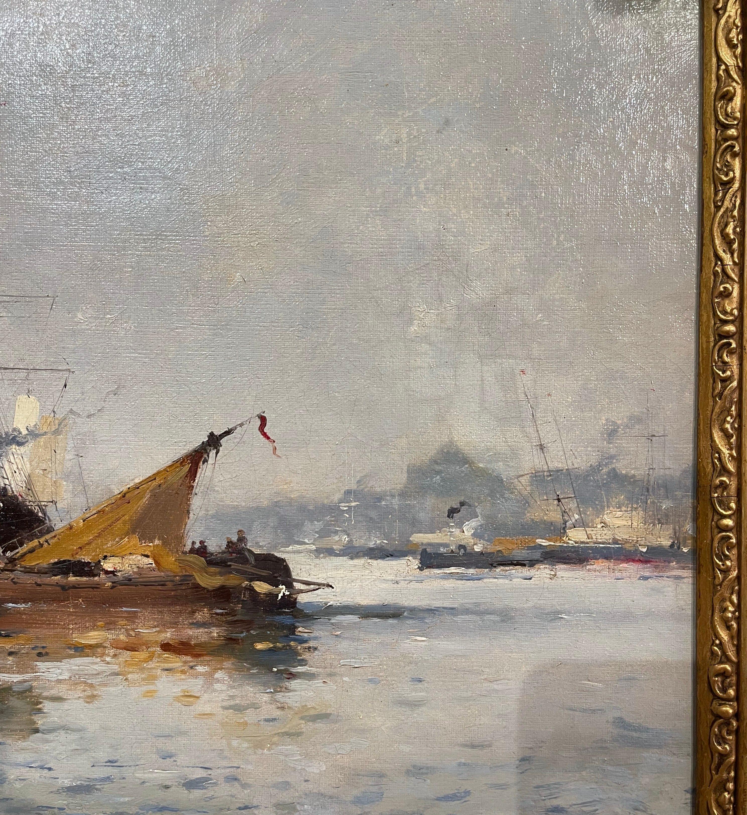 Tableau de marine à l'huile du 19e siècle dans un cadre sculpté et doré signé E. Galien-Laloue 1