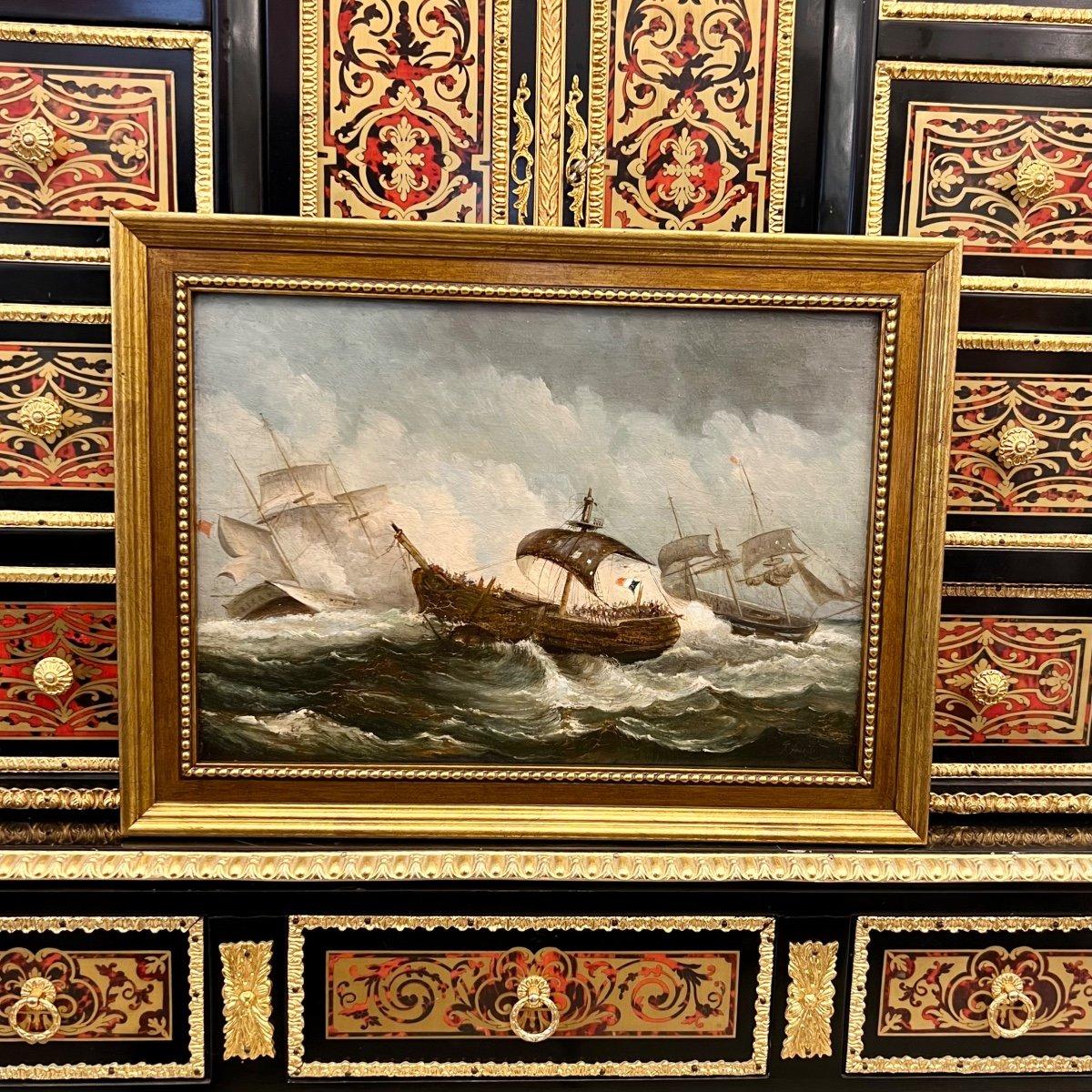 19th Century Oil Marine Painting of a Naval Battle For Sale 3