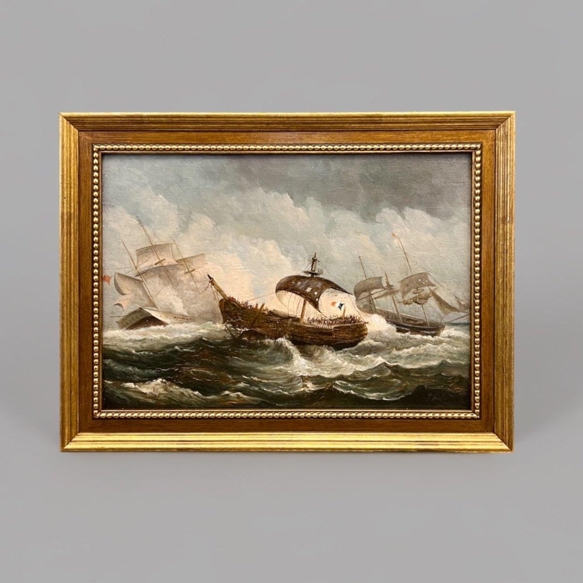 This wonderful oil painting represents a beautiful composition of a naval battle featuring a French ship in the foreground. The colours used and the graphic dynamism of the artwork adds a layer of both ruggedness and liveliness to the scene. 