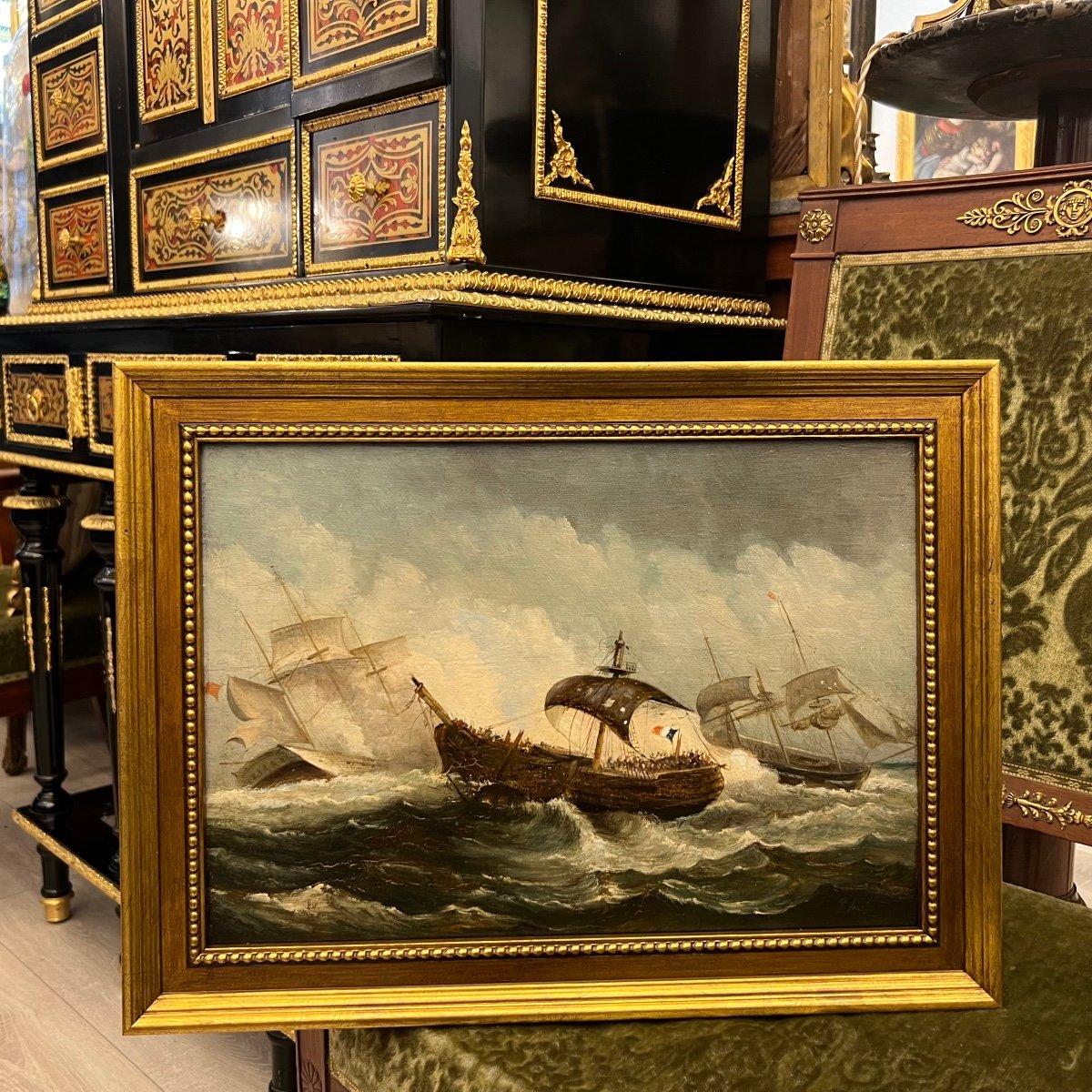 Napoleon III 19th Century Oil Marine Painting of a Naval Battle For Sale