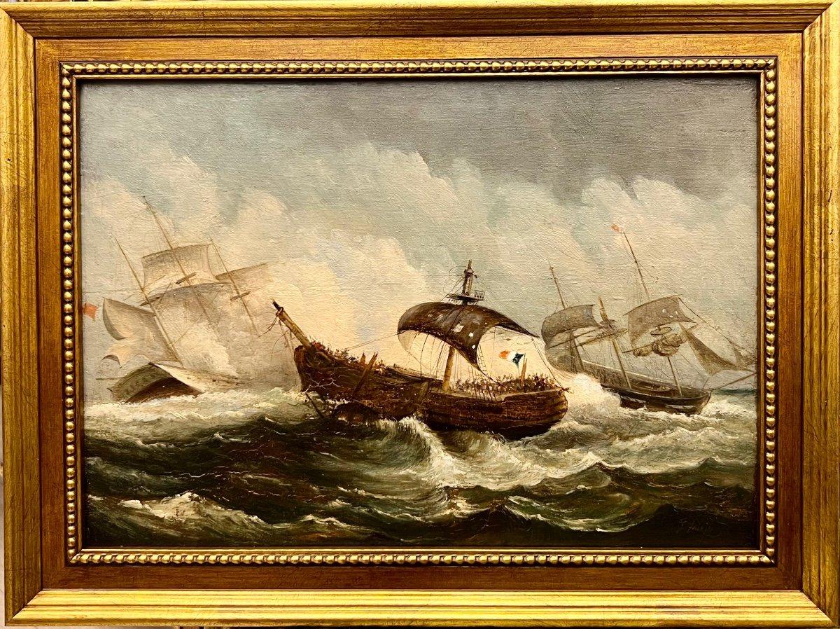 French 19th Century Oil Marine Painting of a Naval Battle For Sale