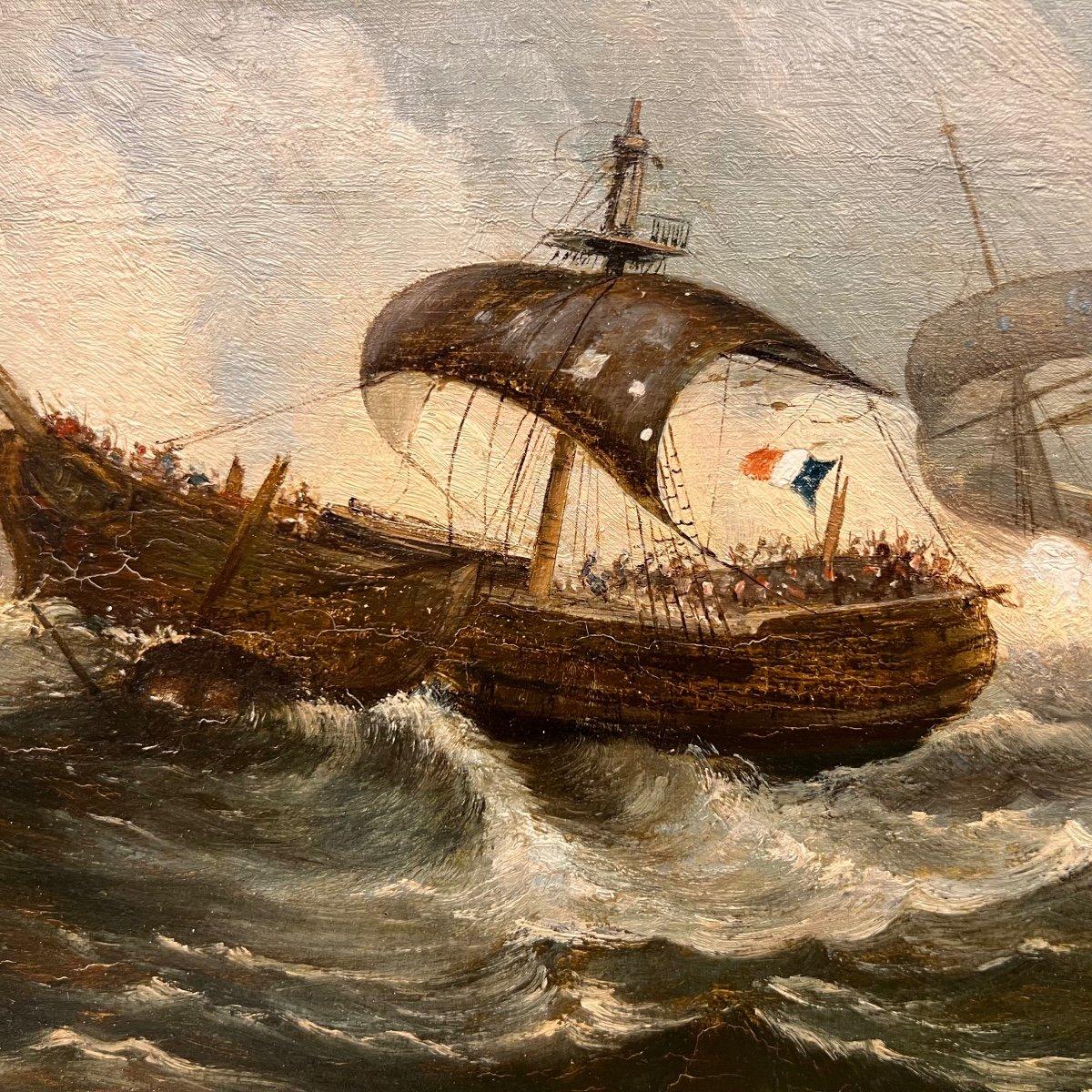 19. Jahrhundert Ölgemälde einer Seeschlacht (Geölt) im Angebot