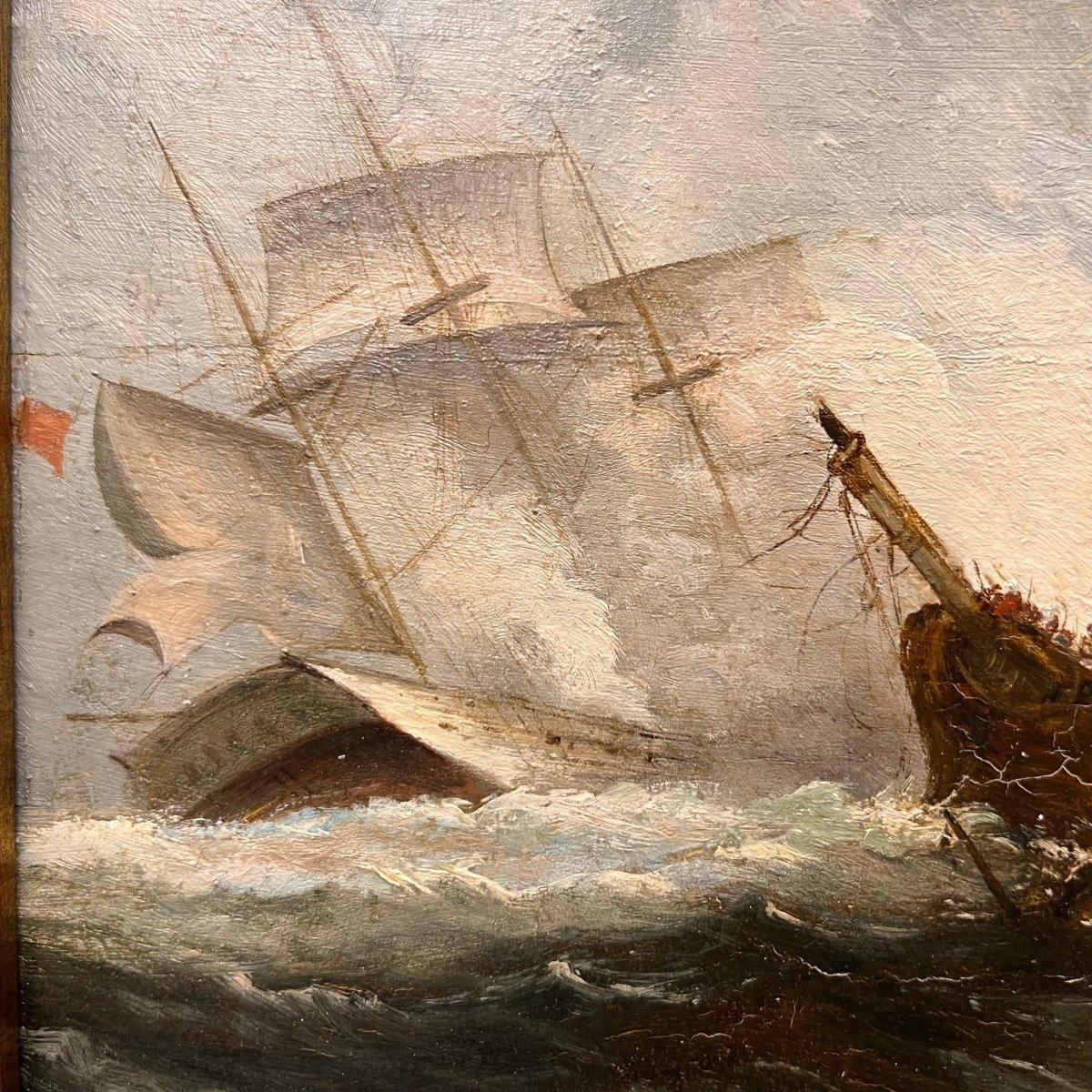 19th Century Oil Marine Painting of a Naval Battle In Good Condition For Sale In NICE, FR